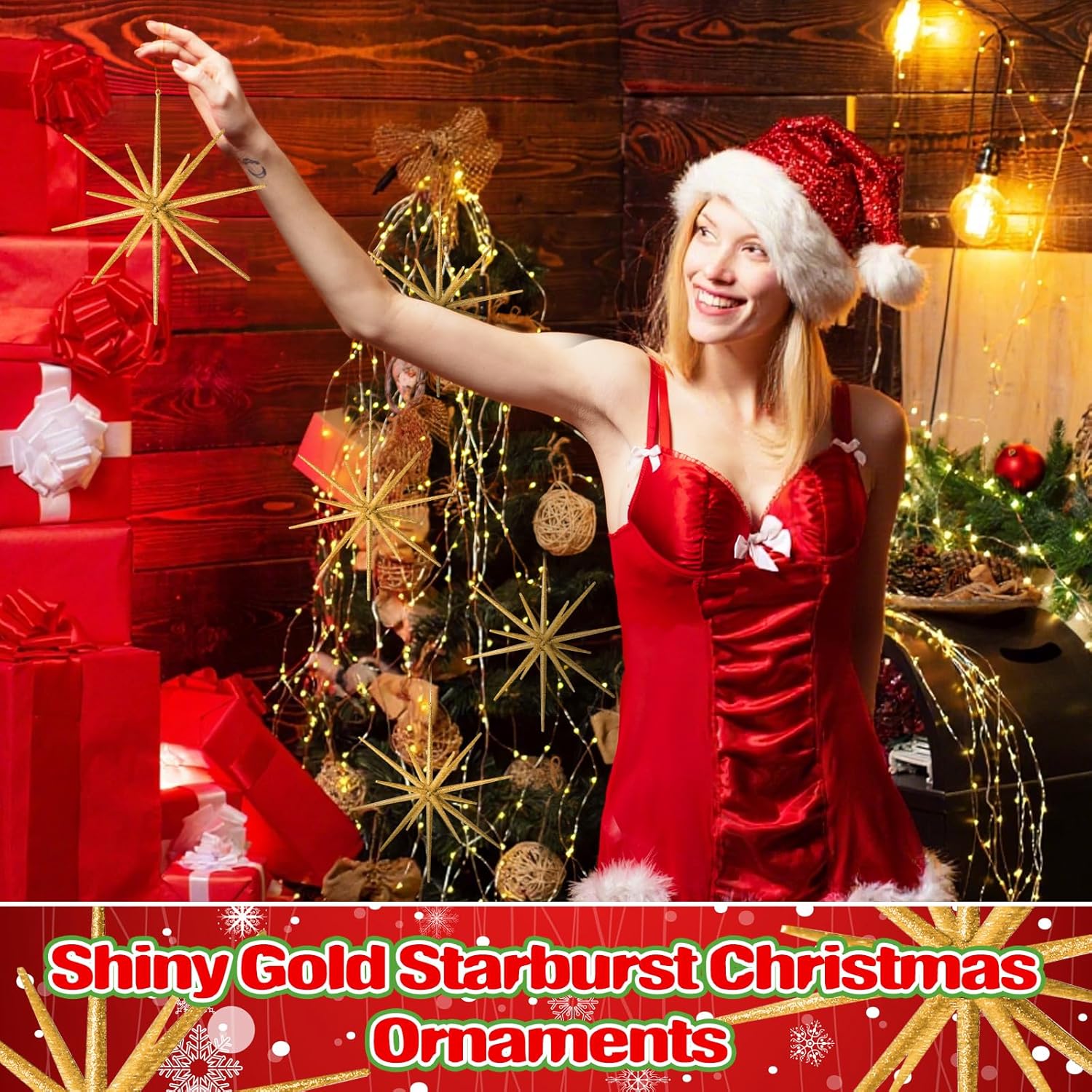 Syhood 12 Pcs Glitter Starburst Christmas Ornament 8 Inch Diameter Star Hanging Tree Ornaments Holiday Tabletop Decorations Christmas Party Decor Xmas Gifts(Gold)