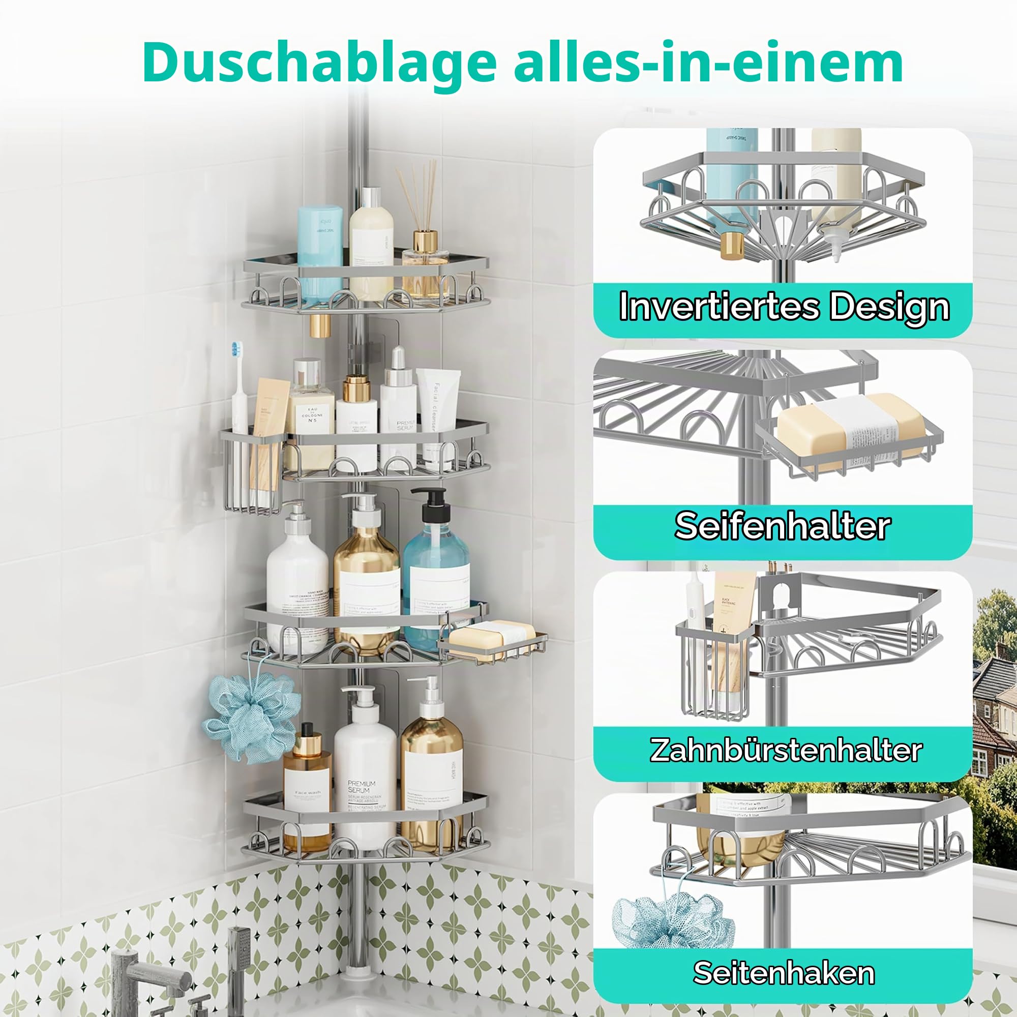HapiRm Teleskopstange Duscheckregal Teleskop - Teleskopregal, 70-276cm | 4 Tier rostfrei Teleskop Badregal Duschregal mit 16 Haken, Zahnbürstenhalter & Seifenschale, Teleskopstange Badezimmer
