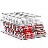 Soda Can Organizer for Refrigerator & Egg Holder for Fridge Set, 2 Stackable Can Holder Dispenser Holds 12 Cans Each & 2 Egg Holders with Lid holds 14 eggs for Fridge, Pantry, Freezer, BPA-Free