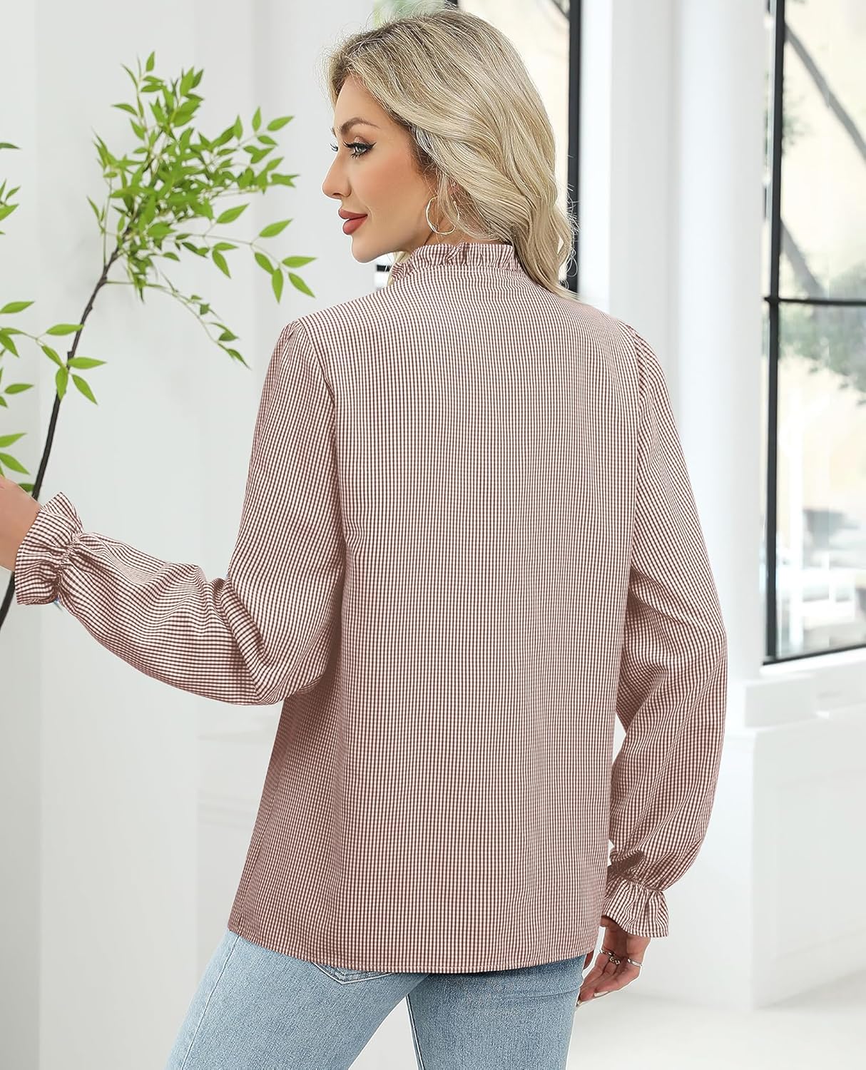 siliteelon Women's Plaid Button Down Shirts Long Sleeve Ruffle Collar Blouses Casual Cute Gingham Tops - Image 5