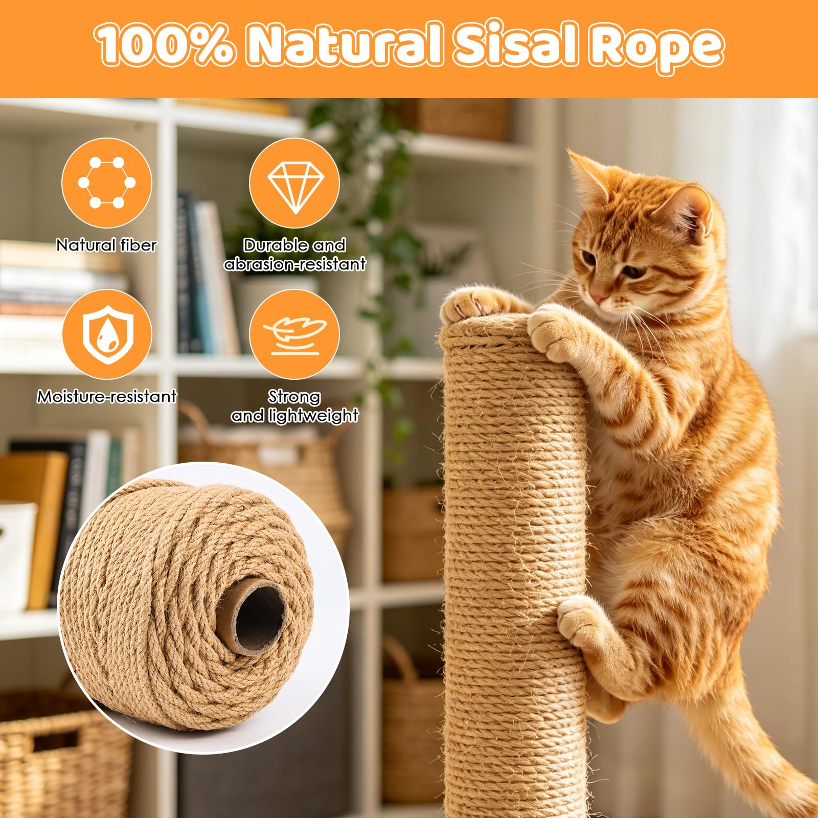 Corde Arbre à Chat, 6 mm x 100 m Corde en Sisal Naturelle, pour Réparation et Remplacement de Chat Scratch Pilier, Rayure Arbre, Tampon, Décoration de Bricolage de Jardin et Maison