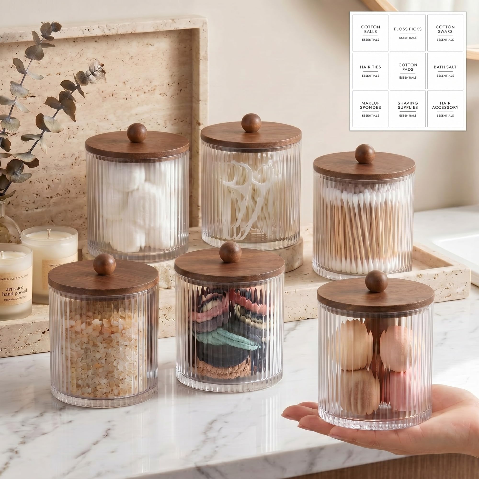 Photo 1 of ***MISSING 2 **** Yaomiao 6 Pcs Ribbed Bathroom Canisters Apothecary Jars with Brown Bamboo Lids and Label Stickers, 18 oz Plastic Canister with Fluted Design for Cotton Ball, Swab, Floss Picks House Storage