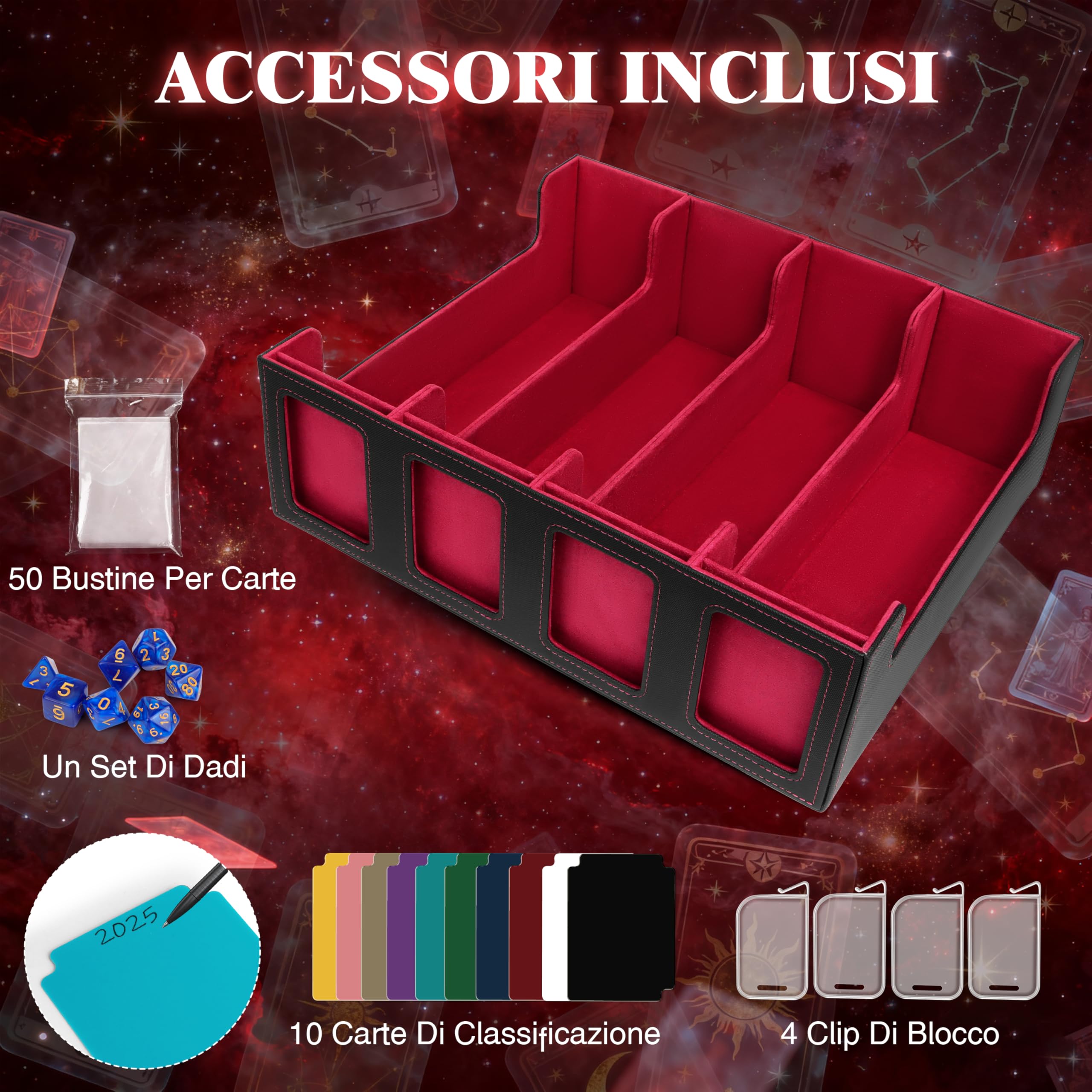 Charmofun Deck Box per Carte, Magnetic Scatola di Carte da Collezione per Oltre 2800+, Porta Deck con Pelle PU e Chiusura Magnetica, 10 Divisori per Carte, 4 Clip Divisorie (Rosso, 2400+)