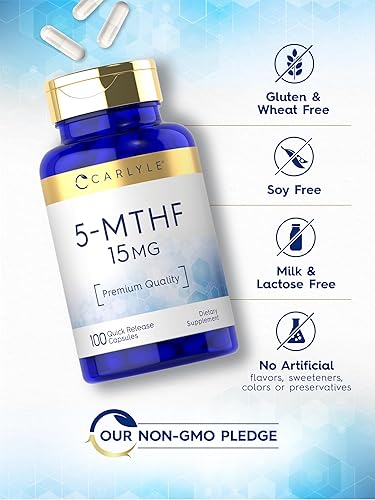 Miniatura 5 de Carlyle Suplemento 5-MTHF 15mg  100 cápsulas  L-metilfolato  Sin OMG, sin gluten  Calidad premium