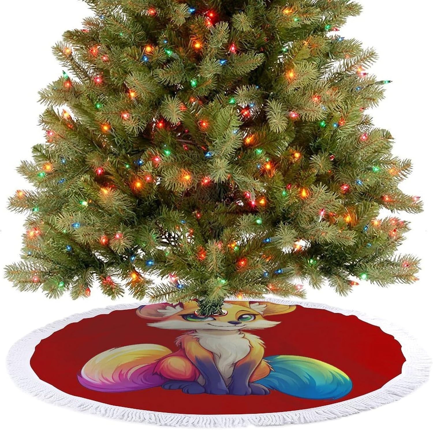 Fennec Fox Christmas Tree Skirt Round Xmas Tree Mat Ornaments Tree Skirts with Tassels for Holiday Party