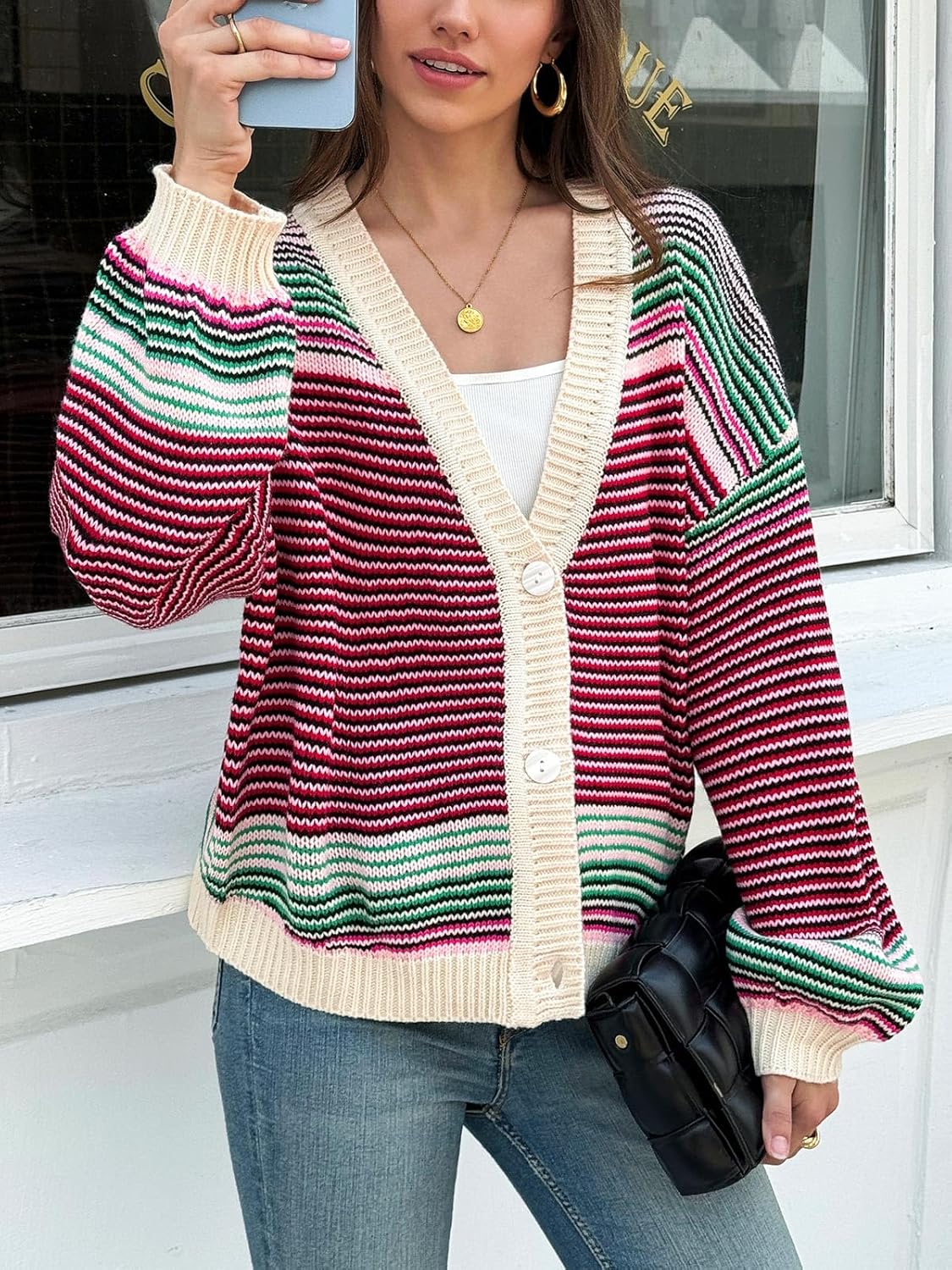 Saodimallsu Womens Striped Cardigan Sweaters Oversized Puff Sleeve Button Up V Neck Color Block Knit Sweater Coat - Image 4