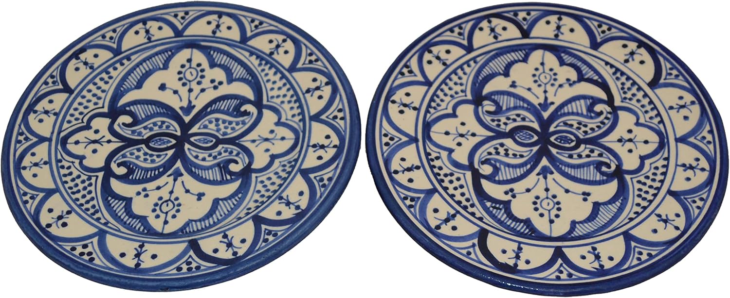 Set OF Two 8 Inches Plates Ceramic Moroccan Handmade Appetizer Tapas Serving Decorative White Blue