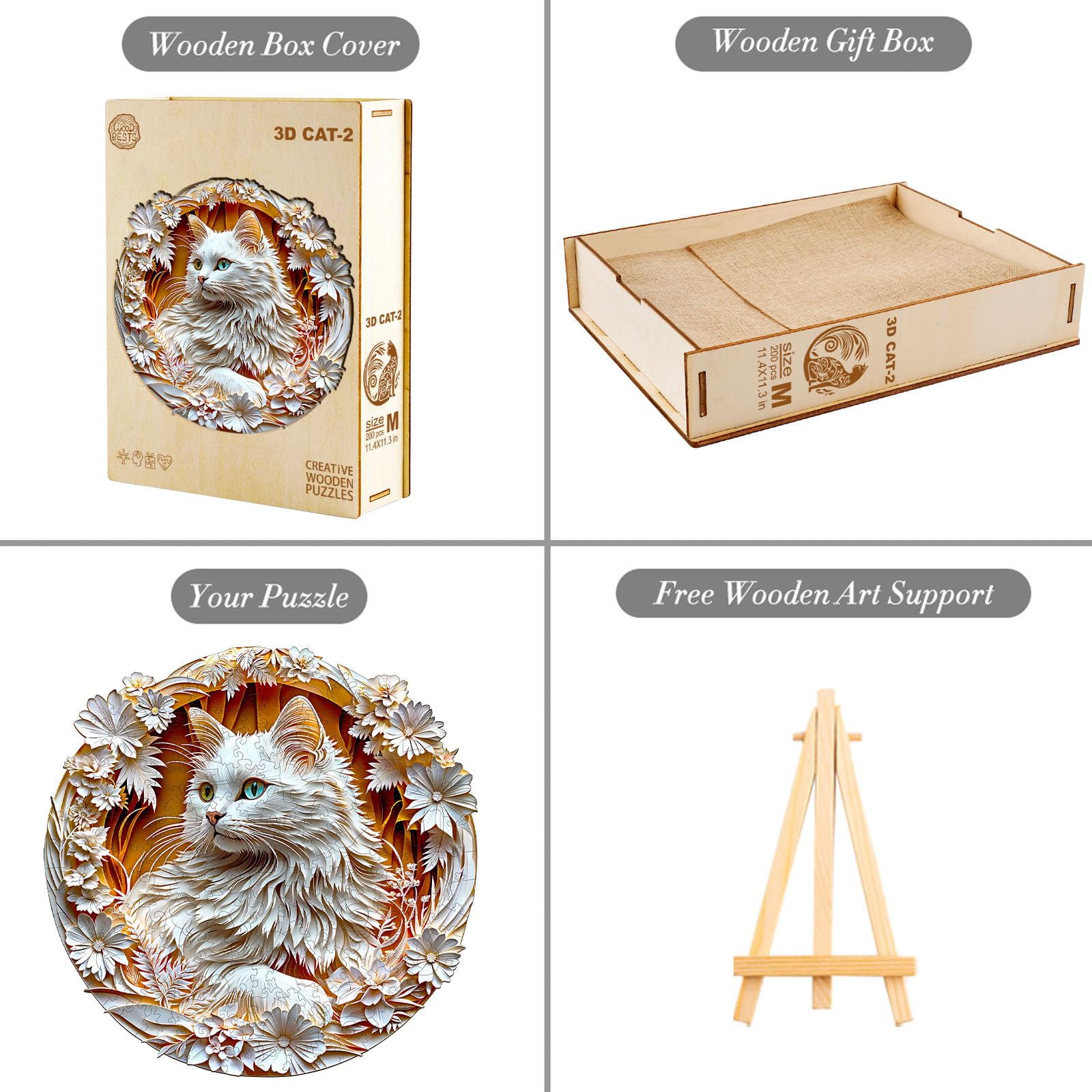 Drewniane puzzle dla dorosłych i dzieci, 3D, Cat-2, okrągłe, jedyne w swoim rodzaju puzzle, drewniane puzzle, dla dorosłych, z pudełkiem na prezent (L-300 sztuk)