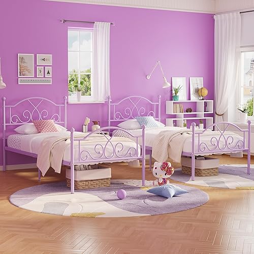 Miniatura 24 de Weehom Marco de cama individual, marcos de cama de metal modernos de tamaño individual para niños y niñas, no necesita somier, base de cama