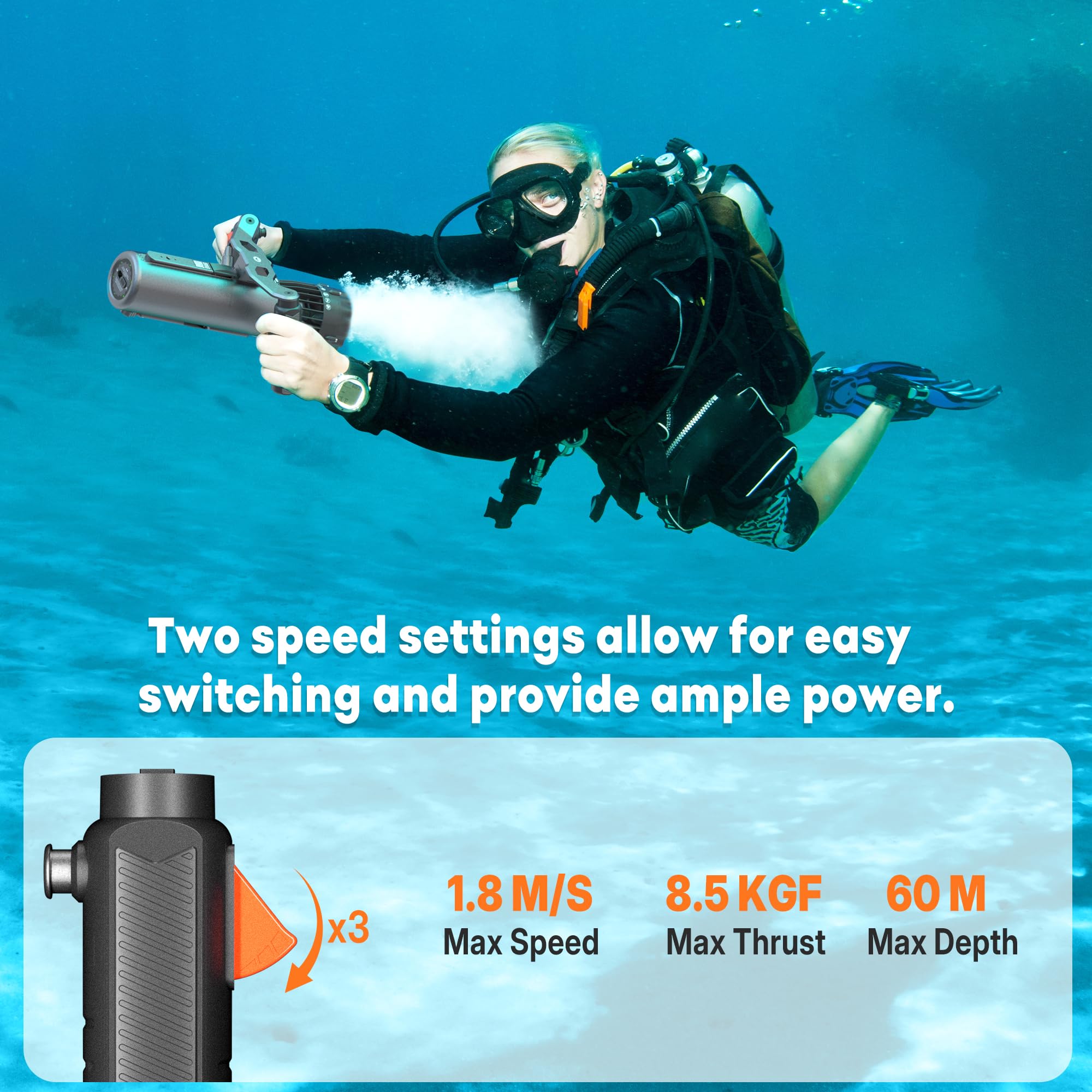 TUDIVING Verbesserter Unterwasserantrieb | 1 Stunde Akkulaufzeit | abnehmbarer Akku | IPX8 wasserdicht | wasserdicht bis 60 m | Unterwasser-Scooter mit Action-Kamera-Halterung für Wassersport