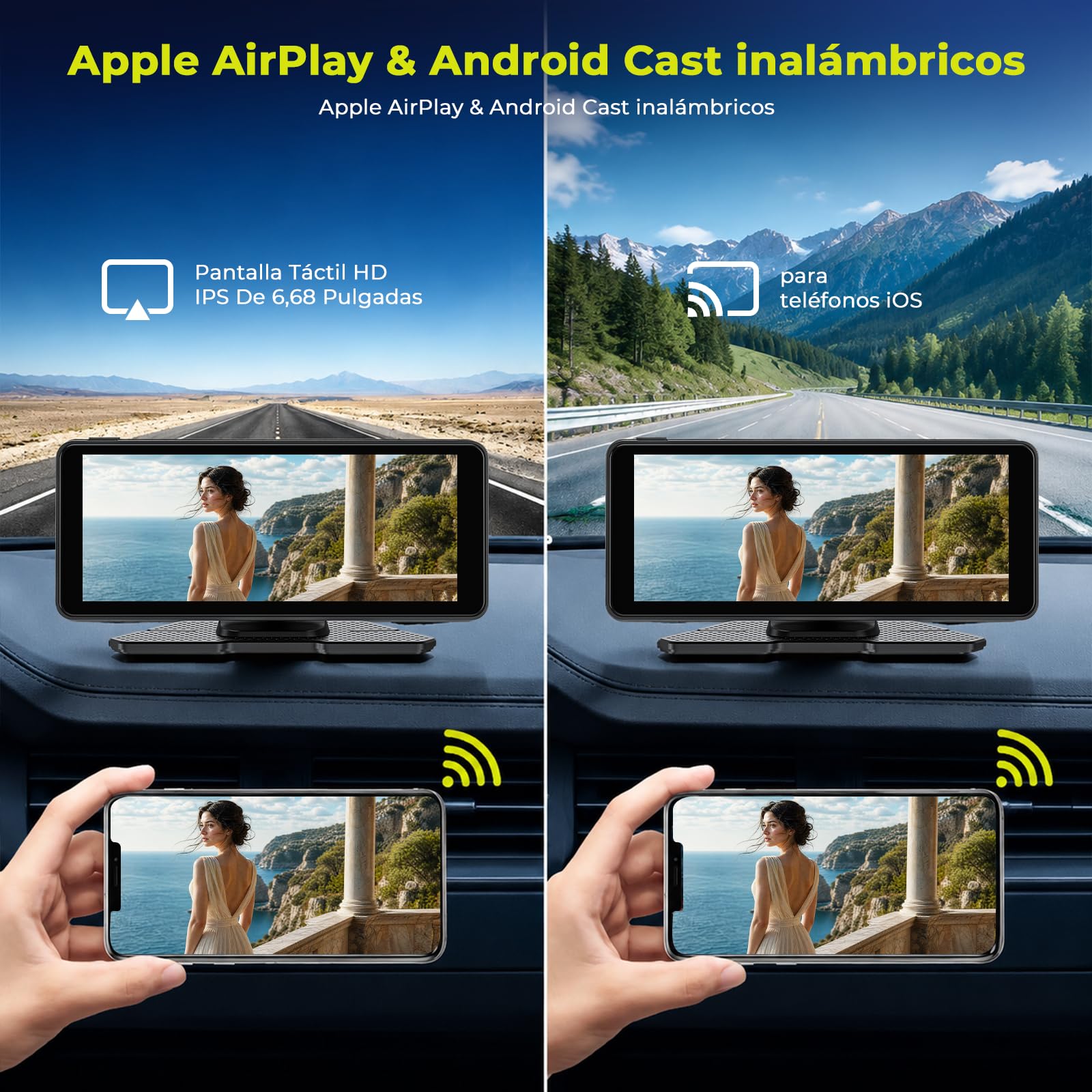 Carplay Bildschirm Wireless CarPlay & Android Auto mit,6.86 Zoll Touchscreen Tragbares mit Dashcam Vorne Hinten 2.5K+1080P mit Bluetooth Navigation Siri/G00gle Spiegel Link Loop Aufzeichnung FM 64G TF