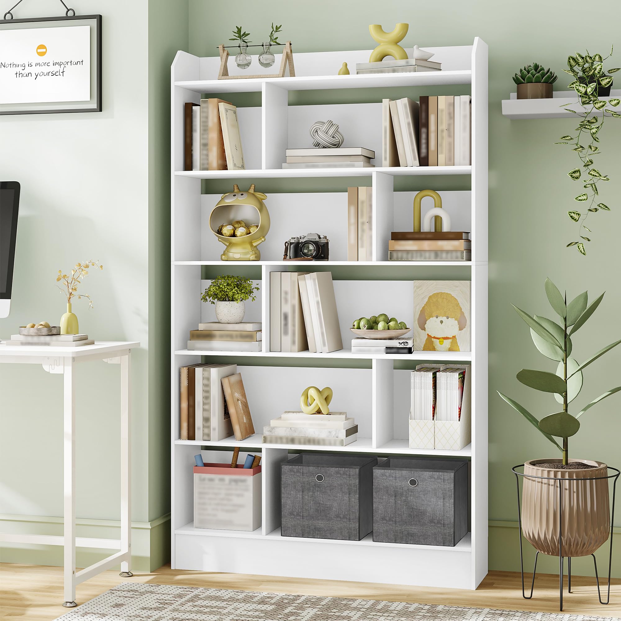 Hzuaneri Bücherregal, Bücherschrank, mit 6 Fächern, Aufbewahrungsregal, Standregal, für Wohnzimmer, Büro, Schlafzimmer, 24 x 100 x 170 cm, Weiß BC64403X