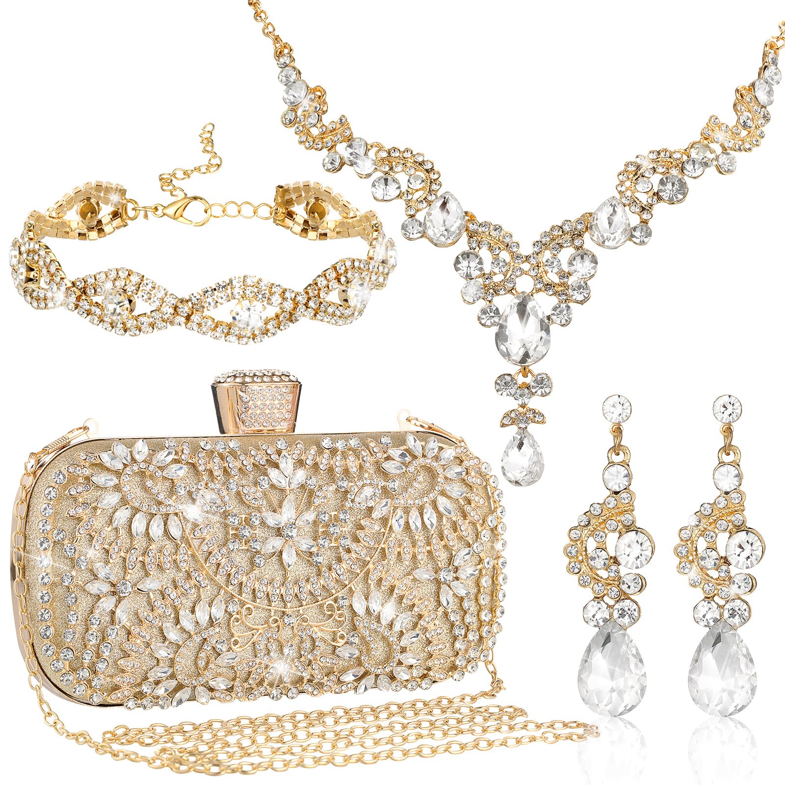 Quelay 4 Pcs Purse Rhinestone Jewelry Set Champagne