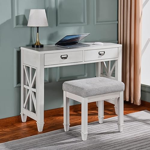 Miniatura 4 de Taburete de tocador con pata de madera maciza, banco de tocador de maquillaje con asiento tapizado de tela, taburetes de banco de piano, taburete