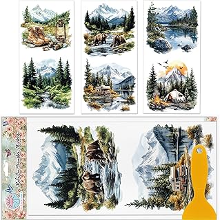 GLOBLELAND 3 Sheets Camping Scenery Furniture Transfer 11.8x5.9inch Bear Mountain River Rub on Transfer UV Self-Adhesive Stickers Wall Art Craft for Furniture Room Desk