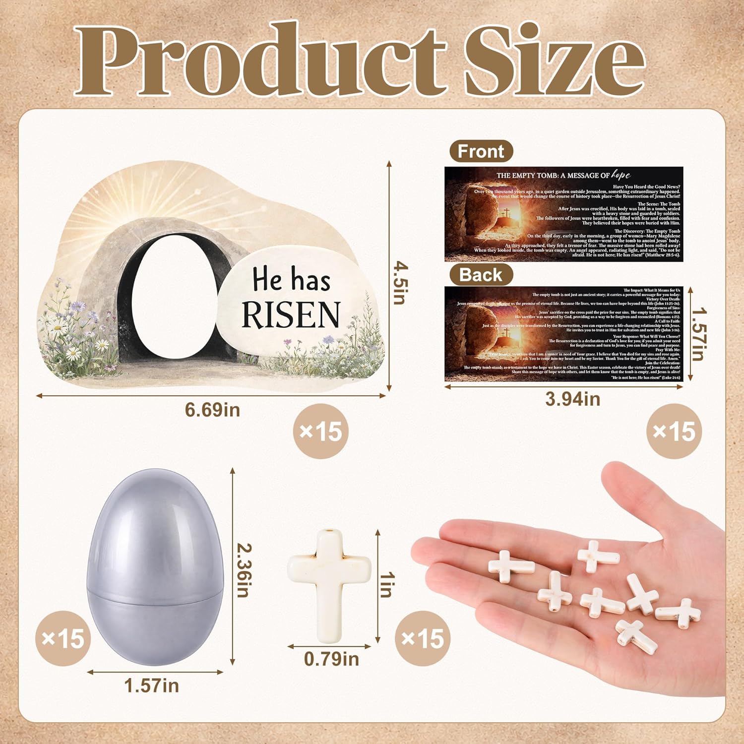 Sfcddtlg 60 Pcs Easter Empty Tomb Eggs, 15 Set Resurrection Eggs Tomb Card with Cross, Fillable Religious Easter Egg Set for Home Party Favor Gift