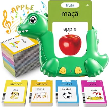 Portuguese and English Talking Flash Cards for Kids, 510 Words, Dino Shaped | Bilingual Learning Toys for Toddlers, Portuguese Alphabet Flashcards Pocket Speech Therapy Toys