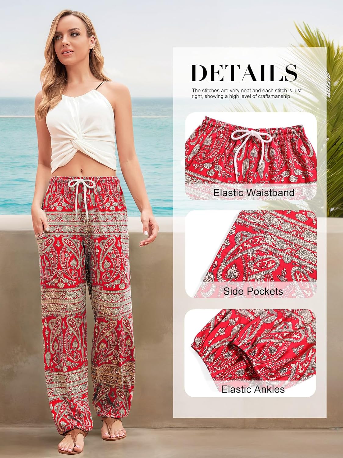 QIANXIZHAN Women's Harem Pants, Hippie Palazzo Pants Boho Joggers Yoga Clothes with Pockets - Image 4