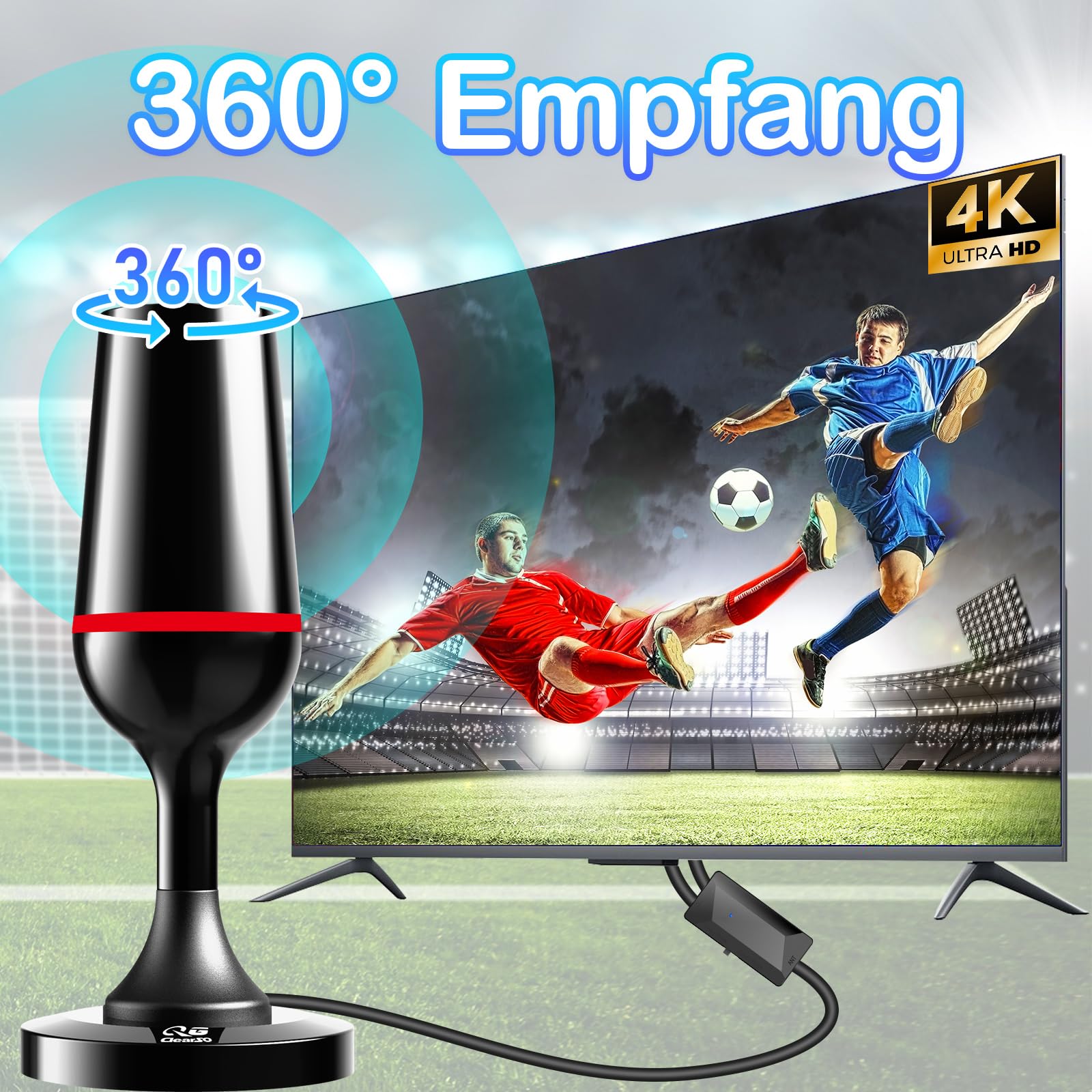DVB-T/DVB-T2 Antenne mit Verstärker 2026, 450+ KM Reichweite & 360° Empfang, Kompakte Innen Antenne mit Magnetbasis, Geeignet für 4K 1080P & Moderne TV-Geräte