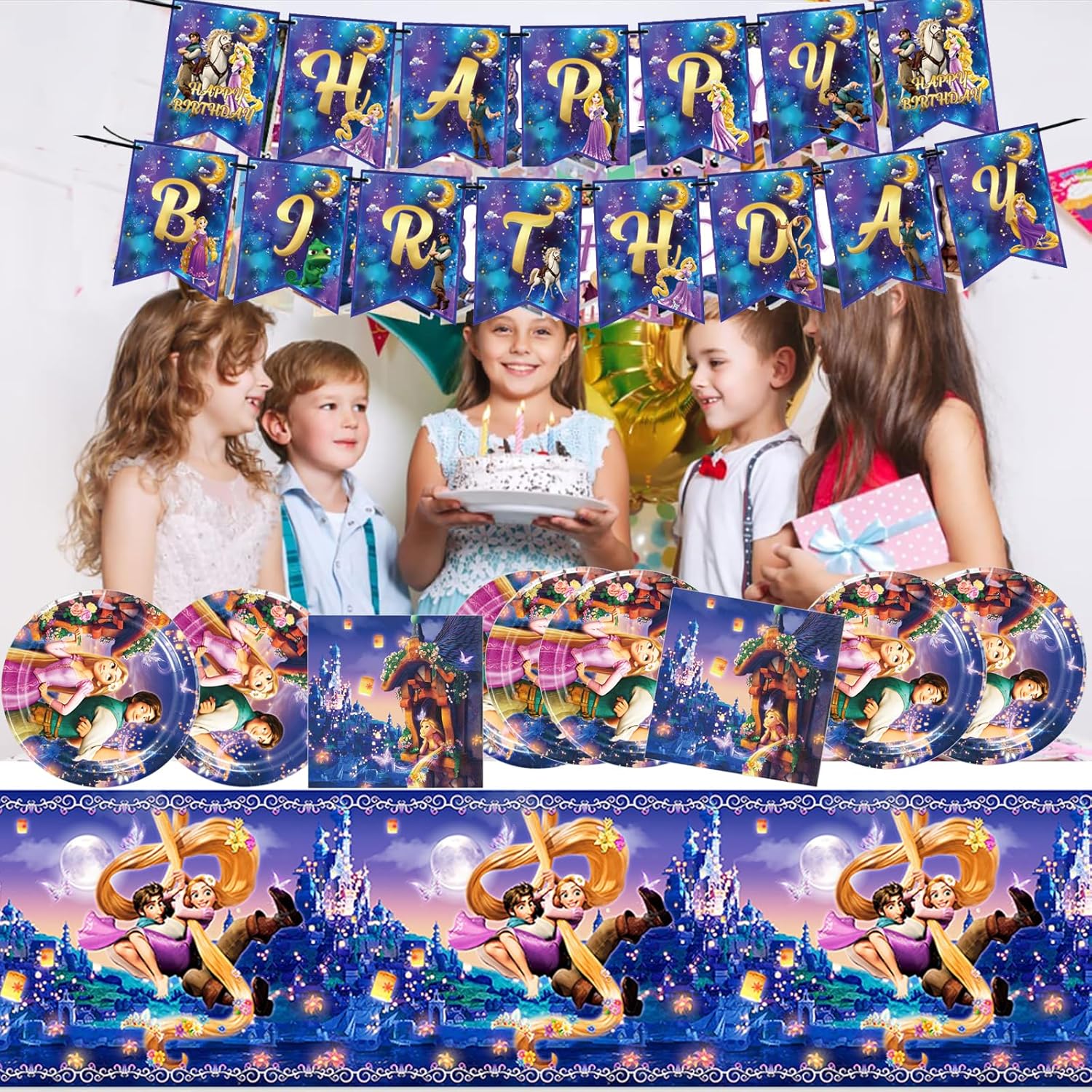 Rapunzal Party Birthday Supplies, Princess Tangled Party Tableware with Happy Birthday Banner, Tablecloth, Disposable Paper Plates with Napkins for Fans Party Supplies Decorations