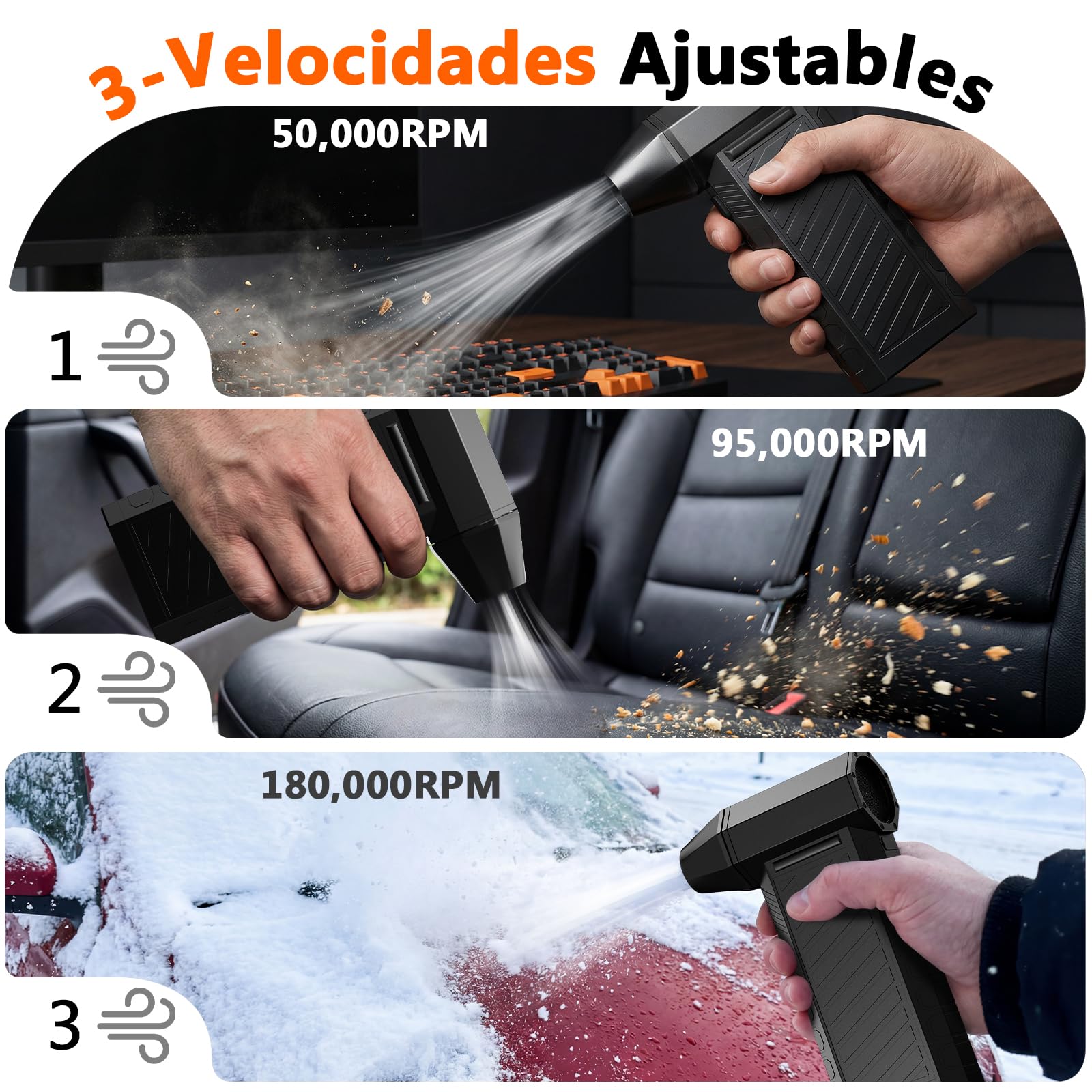 Preciva Soplador de Aire Potente, Aire Comprimido Limpieza y Aspirador 2 en 1, Pistola Aire con Bateria 8000 mAh, 180000 RPM, Mini Sopladora Ajustable para PC, Teclado y Coche
