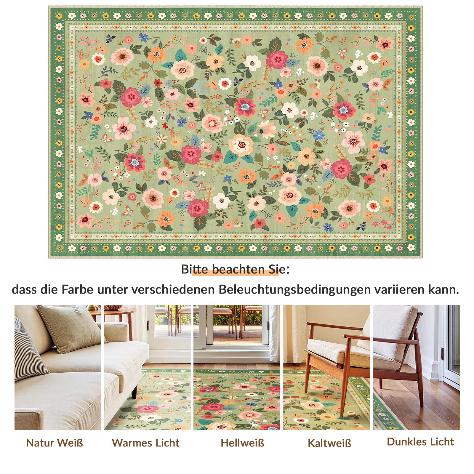 INOVADAY Nadający się do prania dywan 120 x 180 cm, styl boho, krótkie runo, antypoślizgowy, z nadrukiem kwiatowym, do salonu, sypialni, jadalni, biura, pokoju dziecięcego, jasnozielony