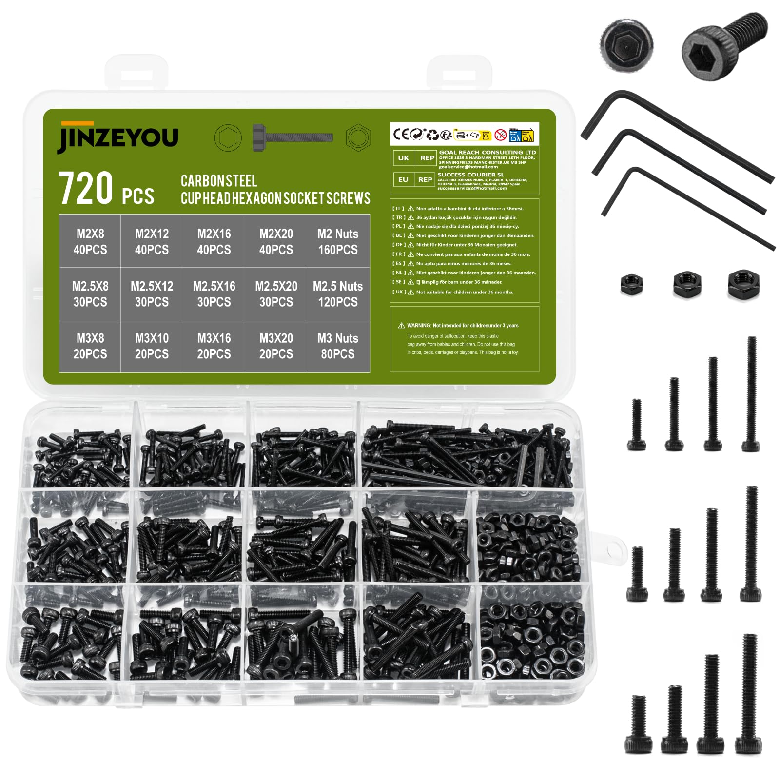 720 Pcs M2 M2.5 M3 Screws Set, Nuts and Bolts Assortment, Hex Socket Head Cap Screw Bolts and Nuts Set, Black Machine Screws Assortment for Home Repairs, DIY, Professional