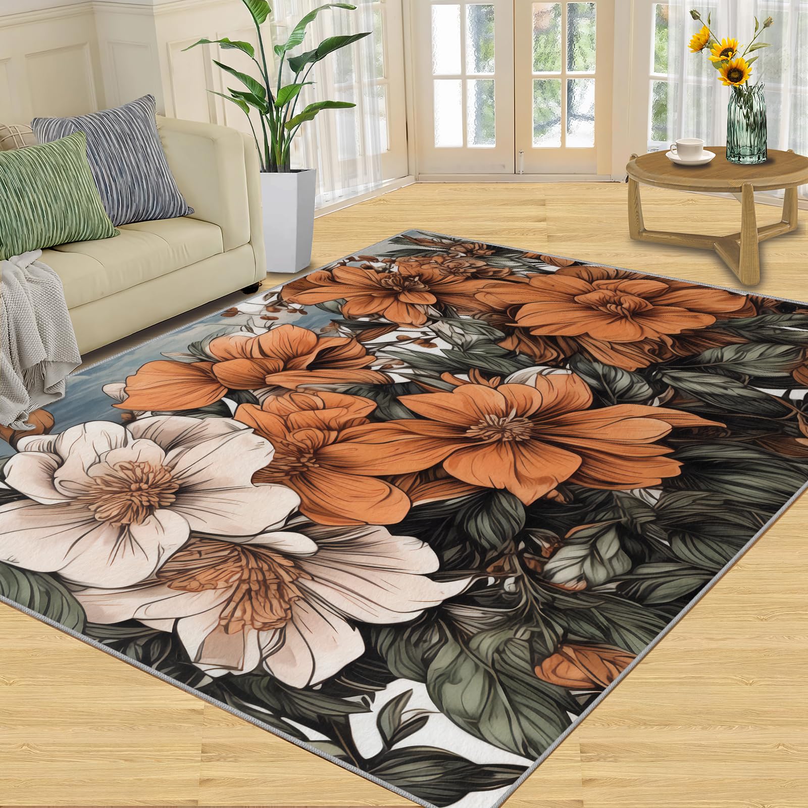 QDJKBL Vintage Peony Flowers Plant, Area Rug 100 X 150 Cm European Bohemian Floral Leaves Rugs for Bedroom, Non-Slip Carpet Short Velvet for Dining Room