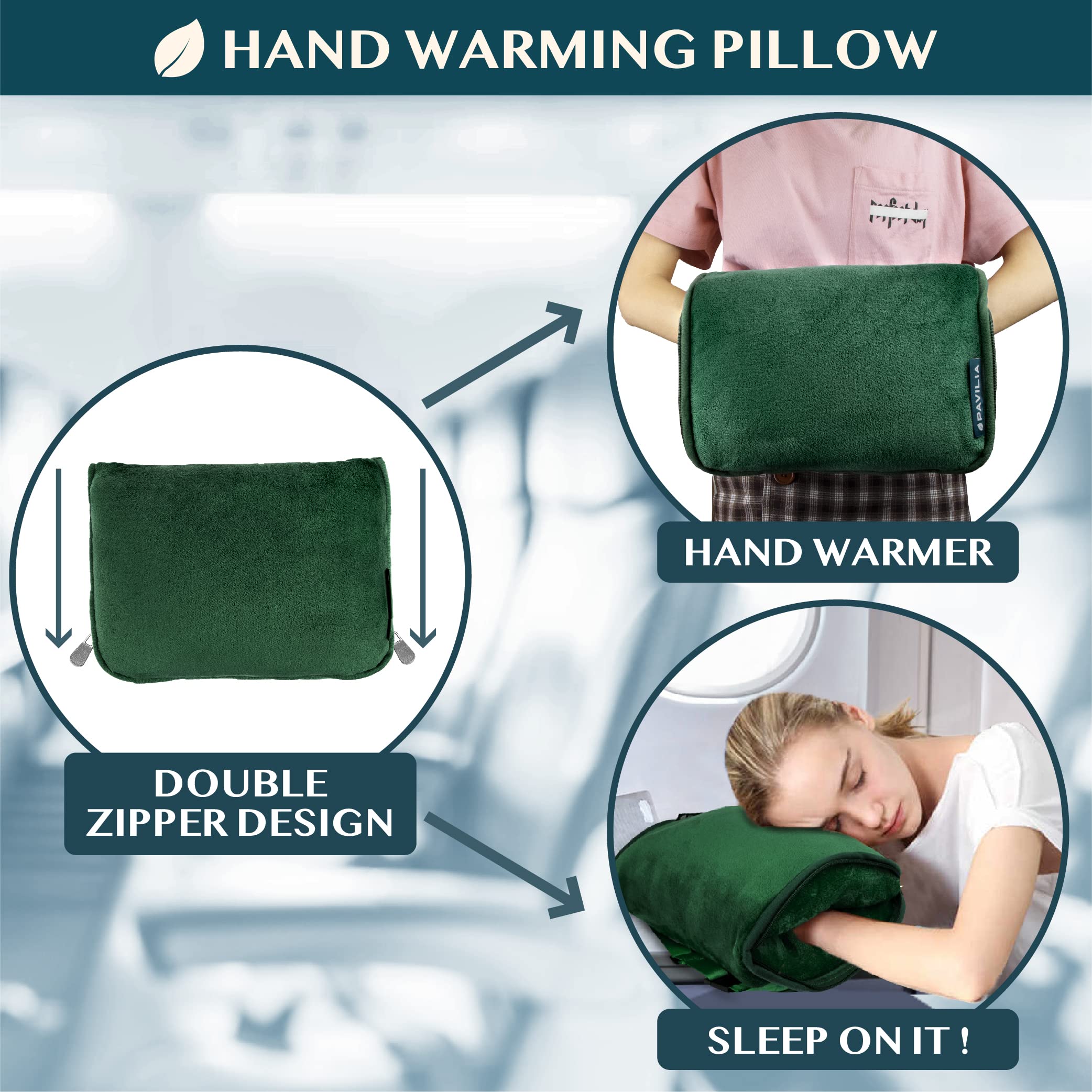 PAVILIA Coperta da viaggio per aeroplano, set combinato 2 in 1, coperta pieghevole per aereo, accessorio da viaggio per auto, idea regalo per viaggiatori con cinghia per bagaglio/zaino, 152 x 109 cm