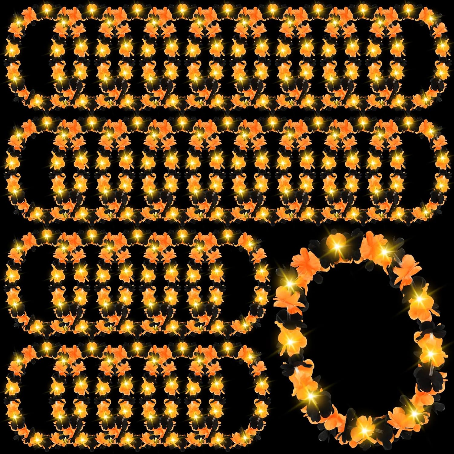 Sherr 24 Pcs LED Leis Light Up Wedding Hawaiian Leis Flower Necklace Hawaiian Leis with LED Lights Beach Tropical Carnival Party Wedding Supplies Luau Leis for Masquerade(Black Orange)