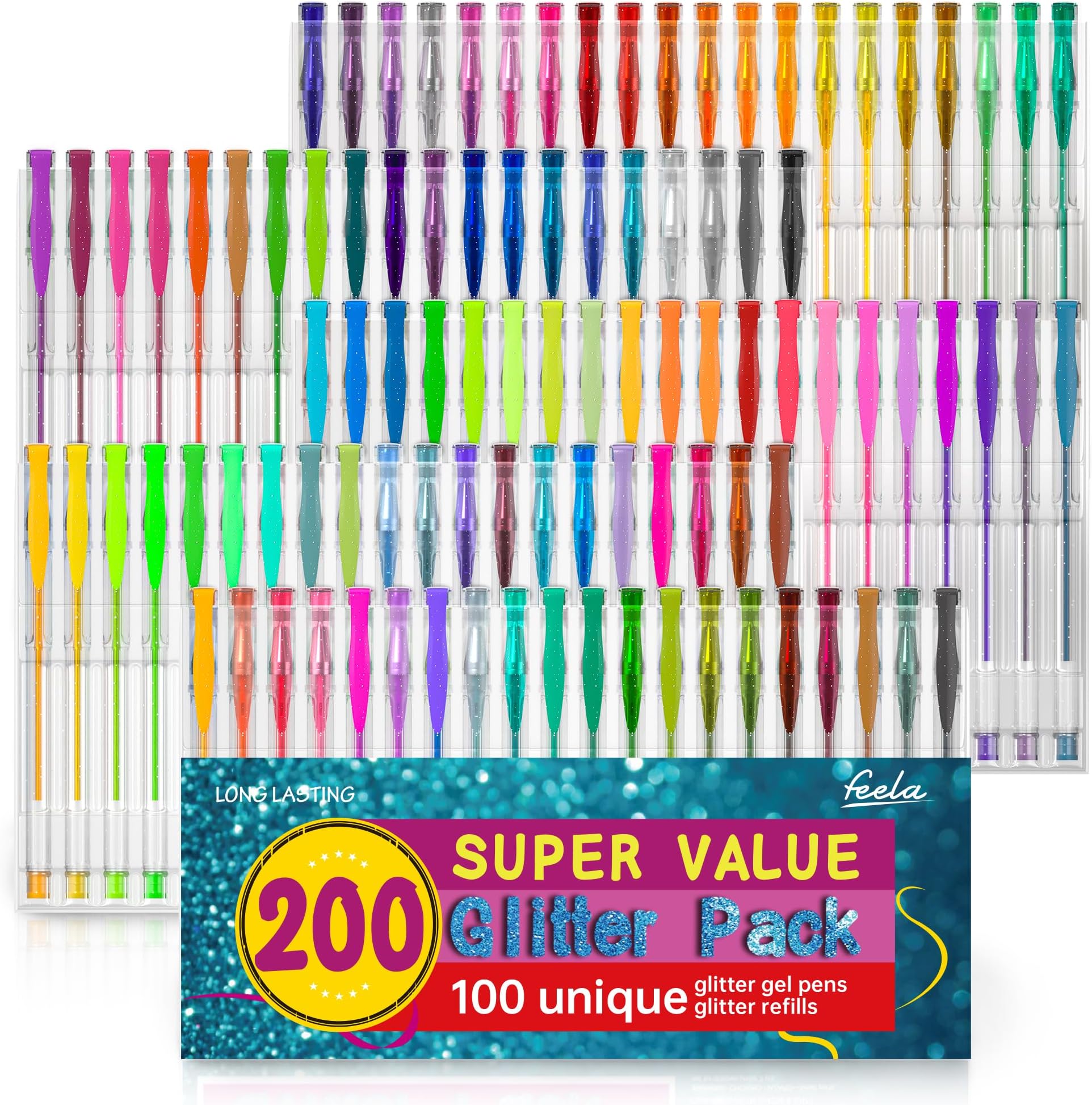 feela 200 Pack Glitter Gel Pens Set 100 Gel Pen plus 100 Refills for Adult Coloring Books Drawing Art Markers