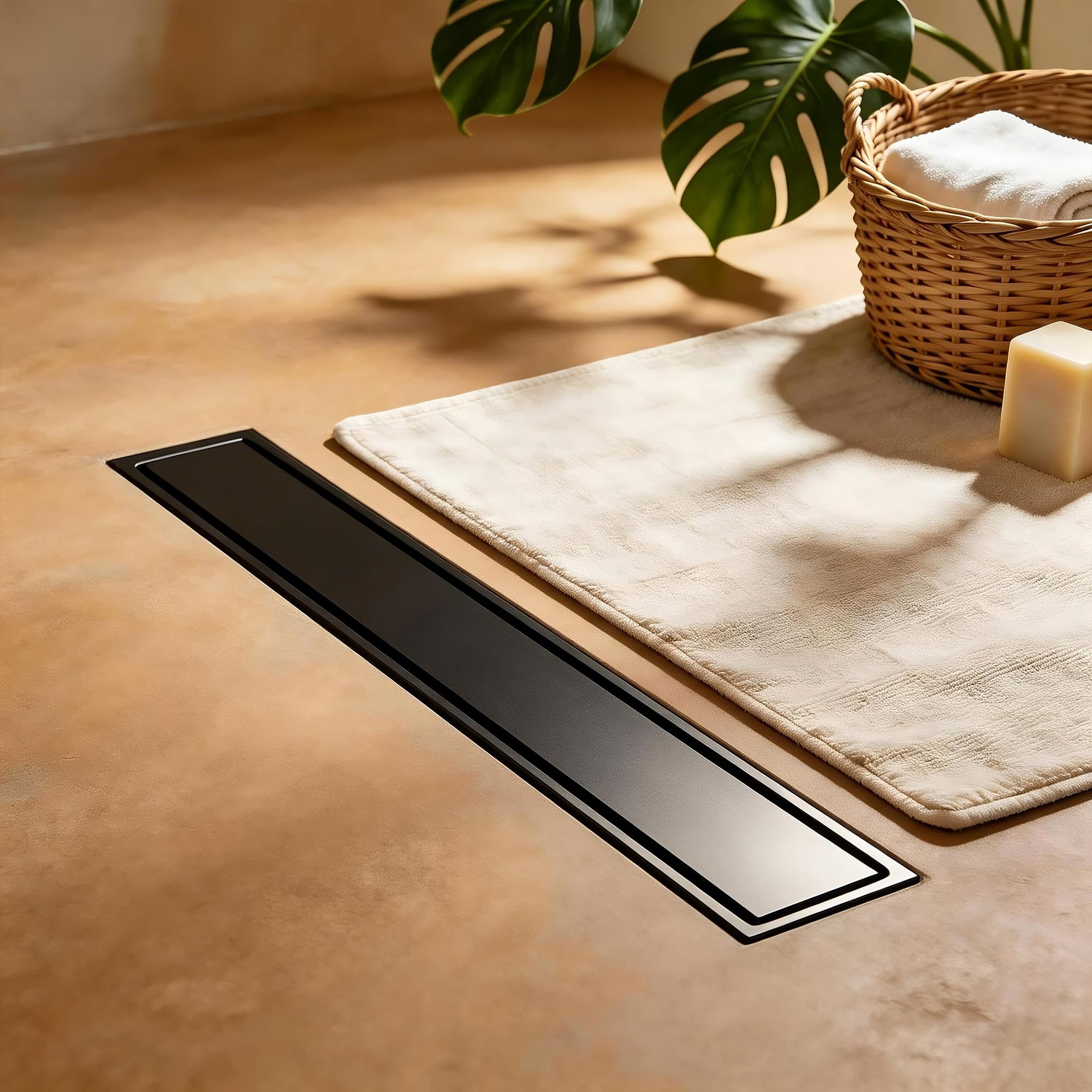 Canaleta de Ducha Negro 70 cm | Enlosable con Sifón Sin Olores, Filtro de Cabello y Diseño Sin Umbral para Ducha a Ras, Acero Inoxidable AISI 304