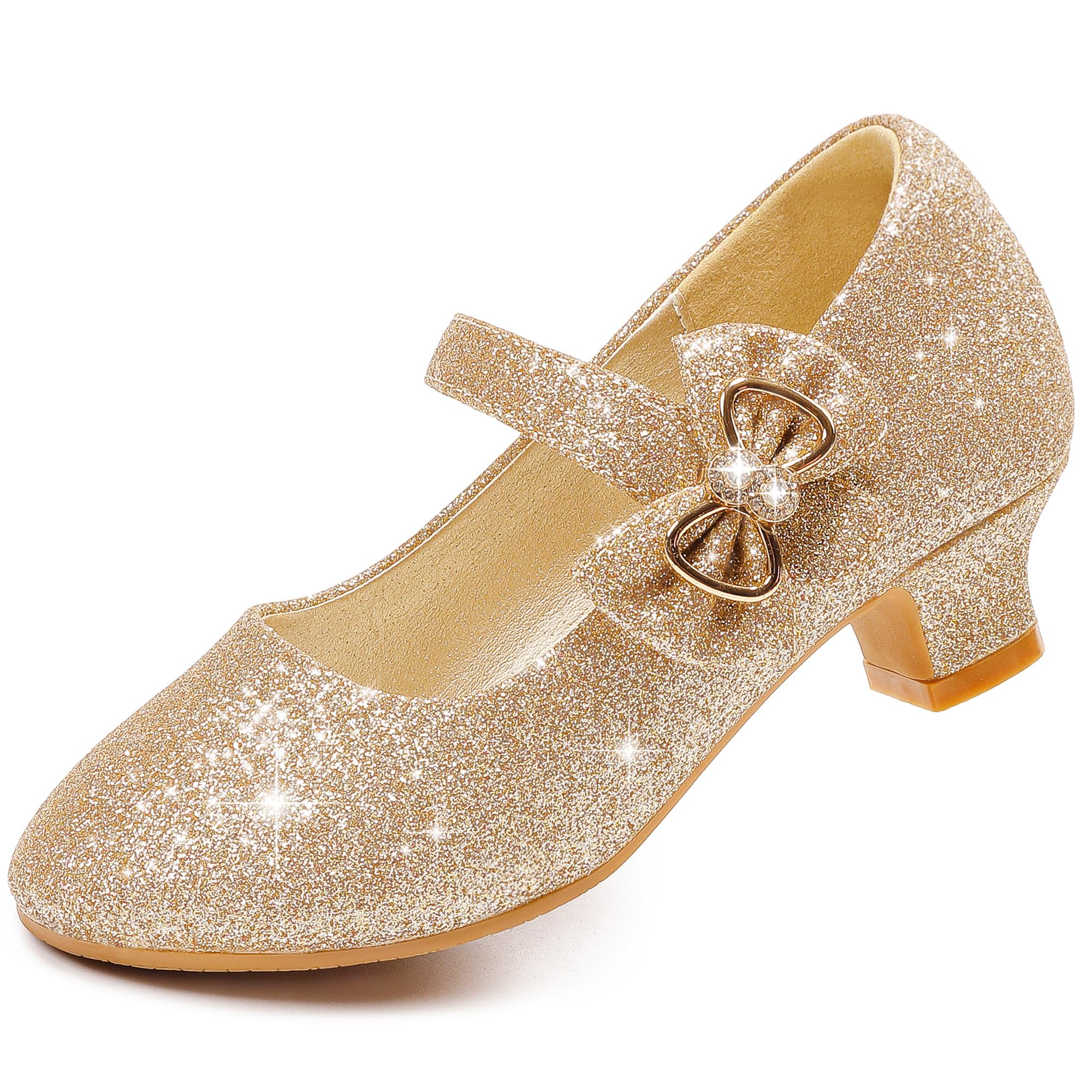 Dufannie Girls Dress Shoes Low Heel Princess Flats Mary Jane Flower Wedding Party Glitter Shoes for Kids Toddler