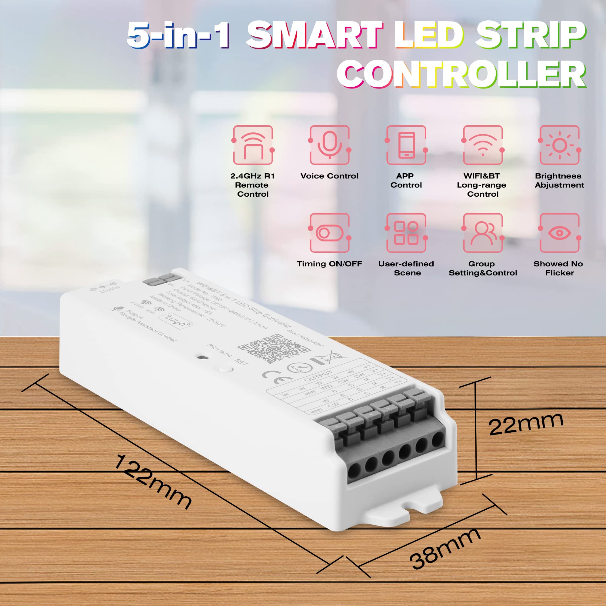 HUSUKU S1 5in1 WB5 2.4GHz Tuya WiFi PWM LED Controller for Dimming CCT RGB RGBW RGBCCT LED Strip, Smart APP Control Fit for Alexa Echo/Google Assistant Home/Siri, RF Control with R1 Remoter