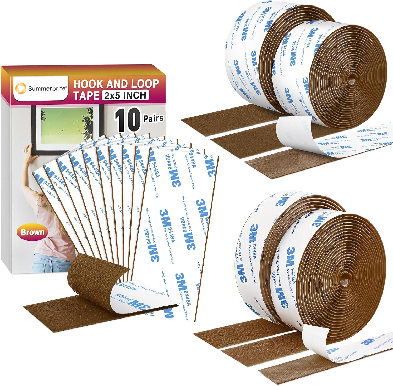 Brown Hook and Loop Tape Roll and Strips, Super Strong Sticky Back Fastener, Heavy Duty Double-Sided Adhesive Strip, Heavy Duty Hanging Strips Fastener for Home Office School Car and DIY Crafting
