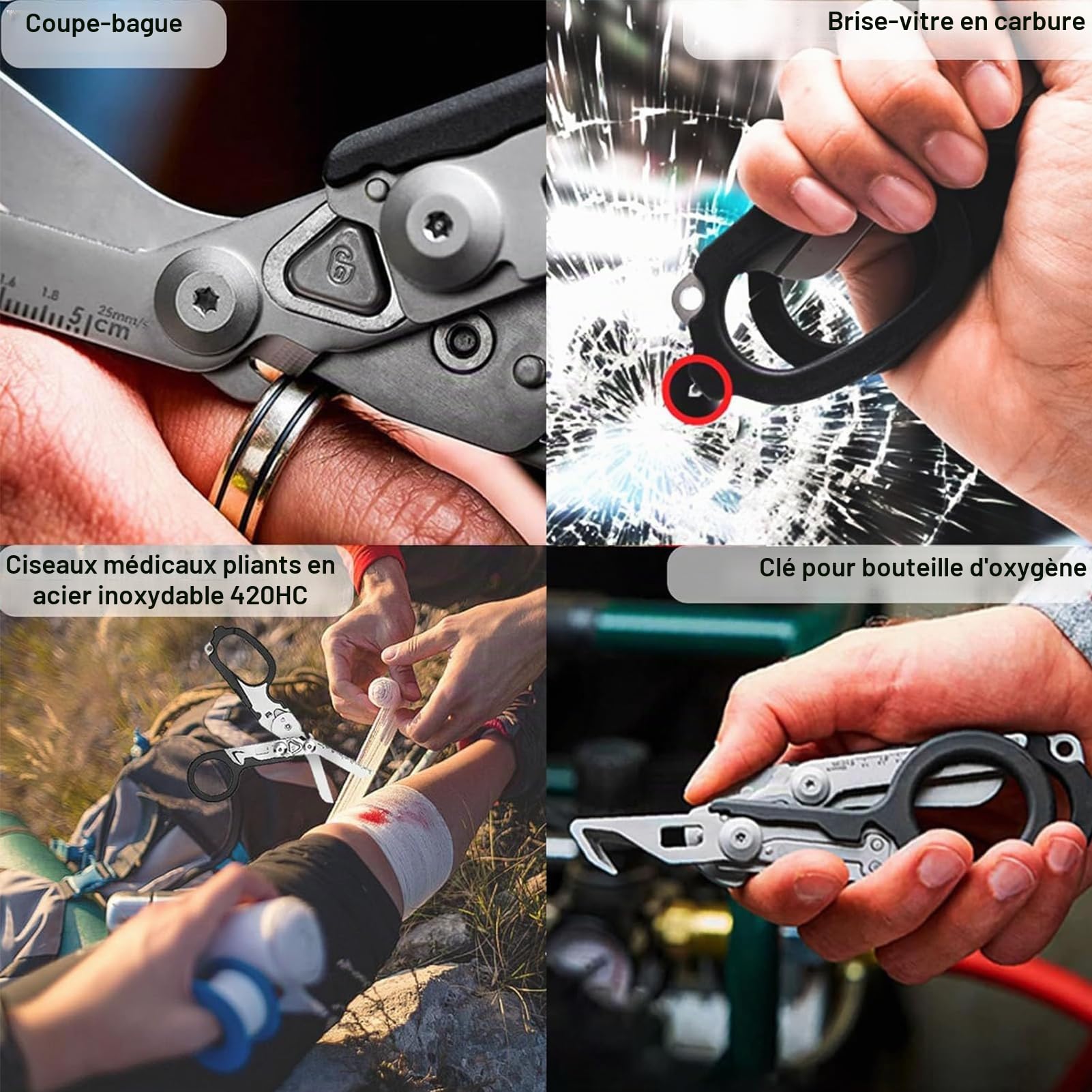 Ciseaux de traumatisme multifonctionnels en acier inoxydable - 6 fonctions pratiques - Ciseaux d'urgence Raptor Response - Noir