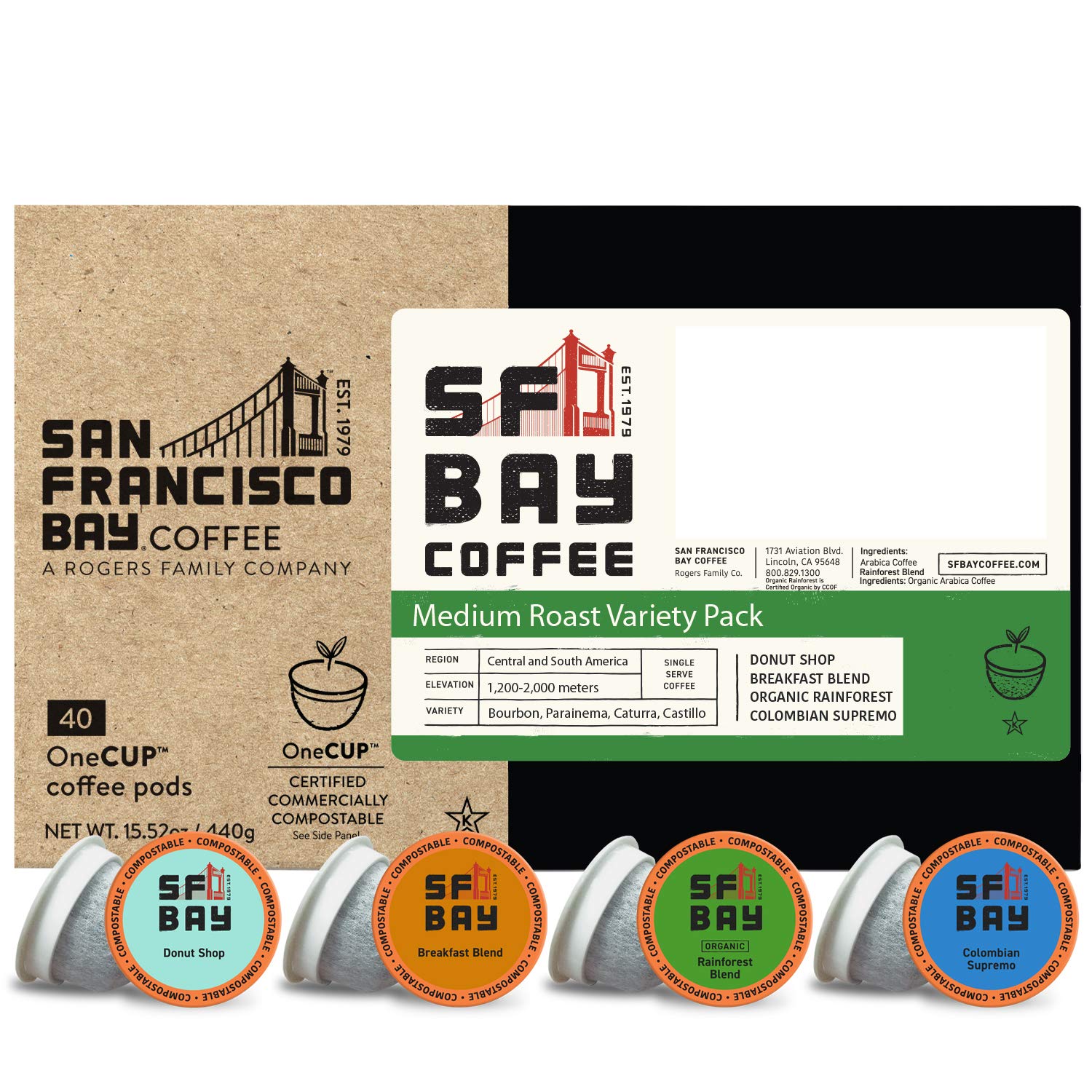 San Francisco Bay Compostable Coffee Pods - Variety Pack Medium Roast (40 Ct) K Cup Compatible including Keurig 2.0, Colombian, Breakfast, Organic Rainforest, Donut Shop