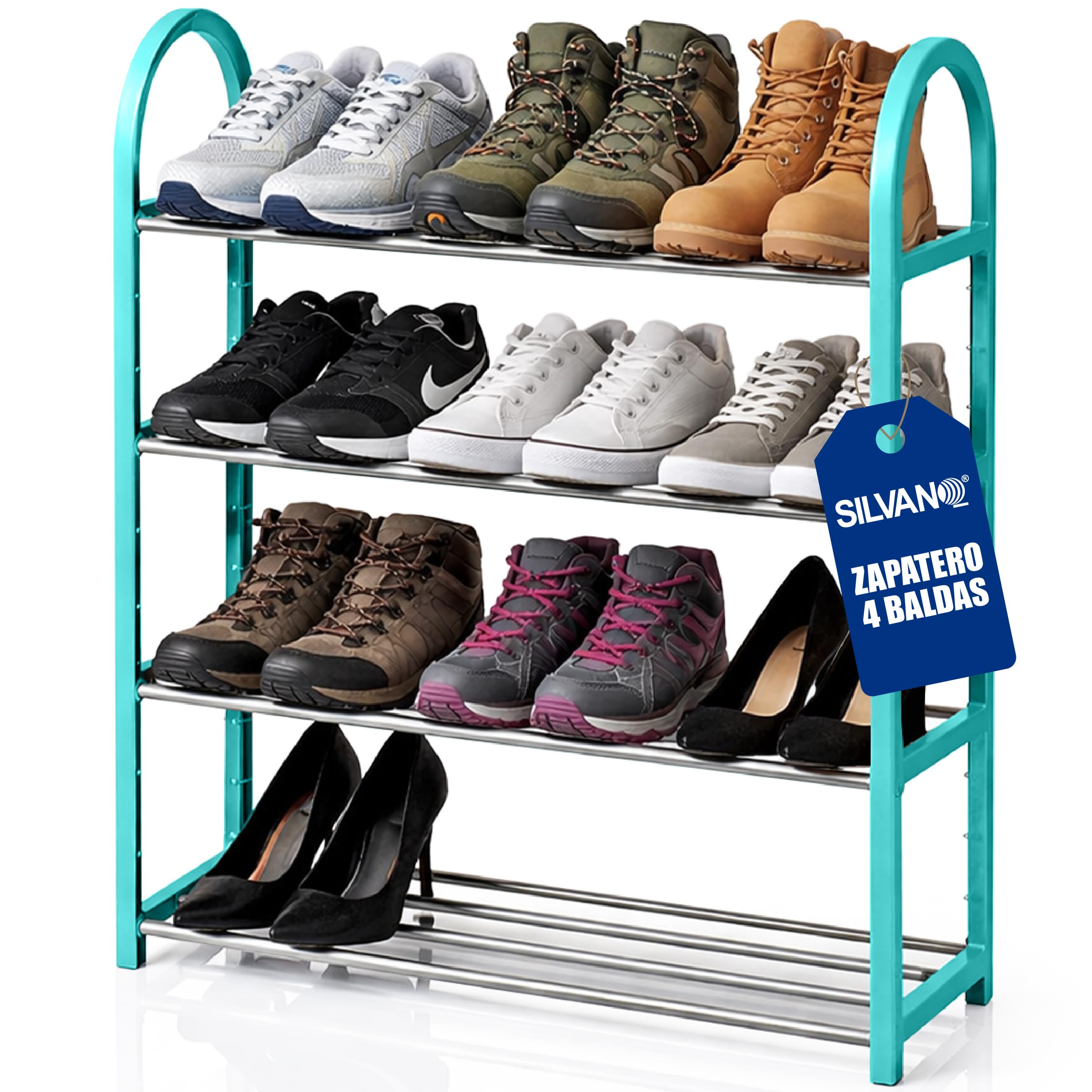 SILVANO Shoe Rack, Shoe Organizer, Shoe Rack, 4 Shelves, Metal Frame, Green – 19 x 58 x 65 cm – Portable, Multifunctional, for Bedroom, Hallway