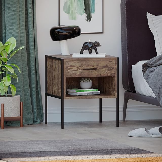 Vida Designs Brooklyn Bedside Cabinet Nightstand Side Table Industrial Bedroom Furniture Storage (Dark Wood, 1 Drawer)