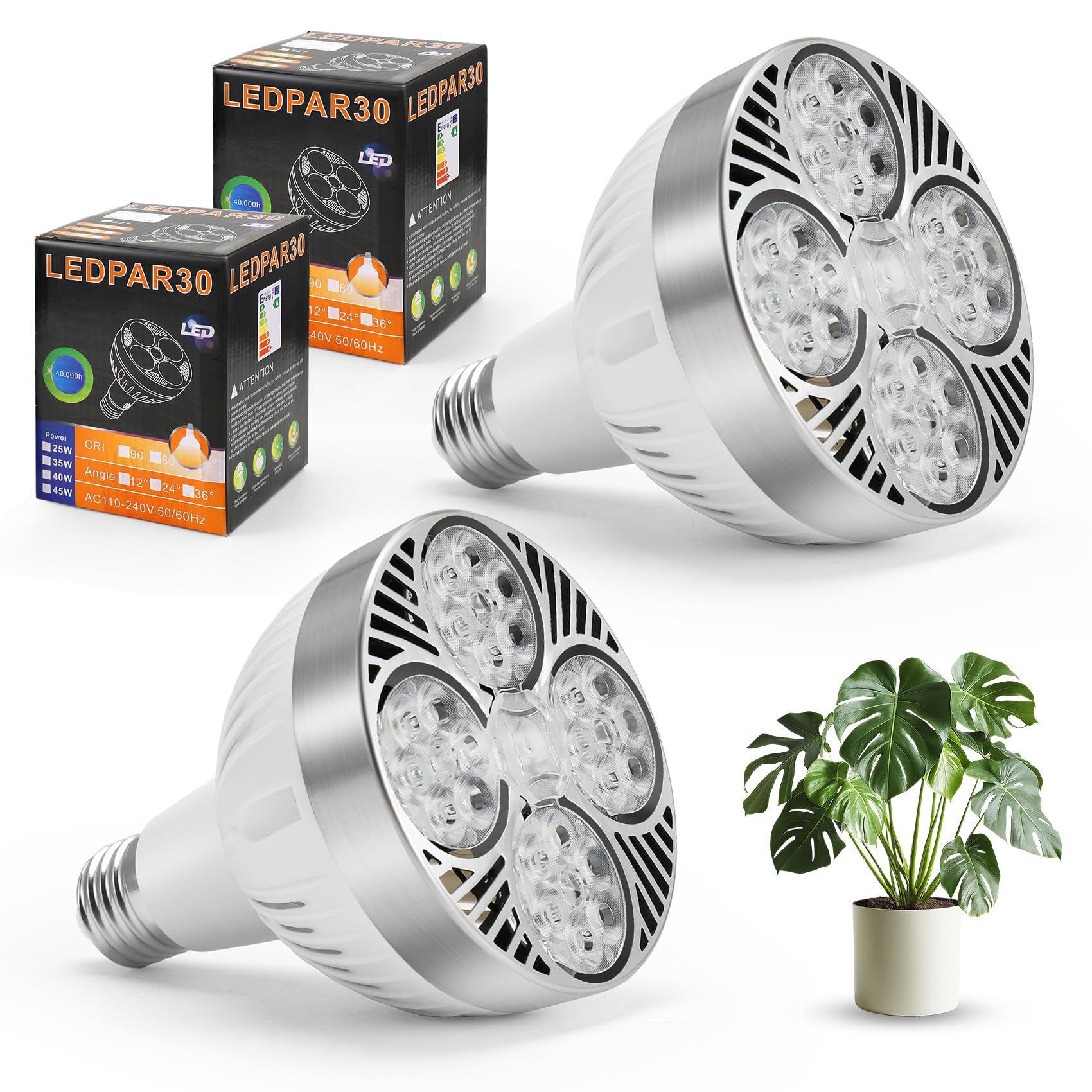 Juwacoo 2 Pcs E27 35W LED Plant Grow Light Bulb, 4000K Full Spectrum Warm White Plant Lights, AC110-240V Plant Grow Lamp for Garden Greenhouse, Seedlings