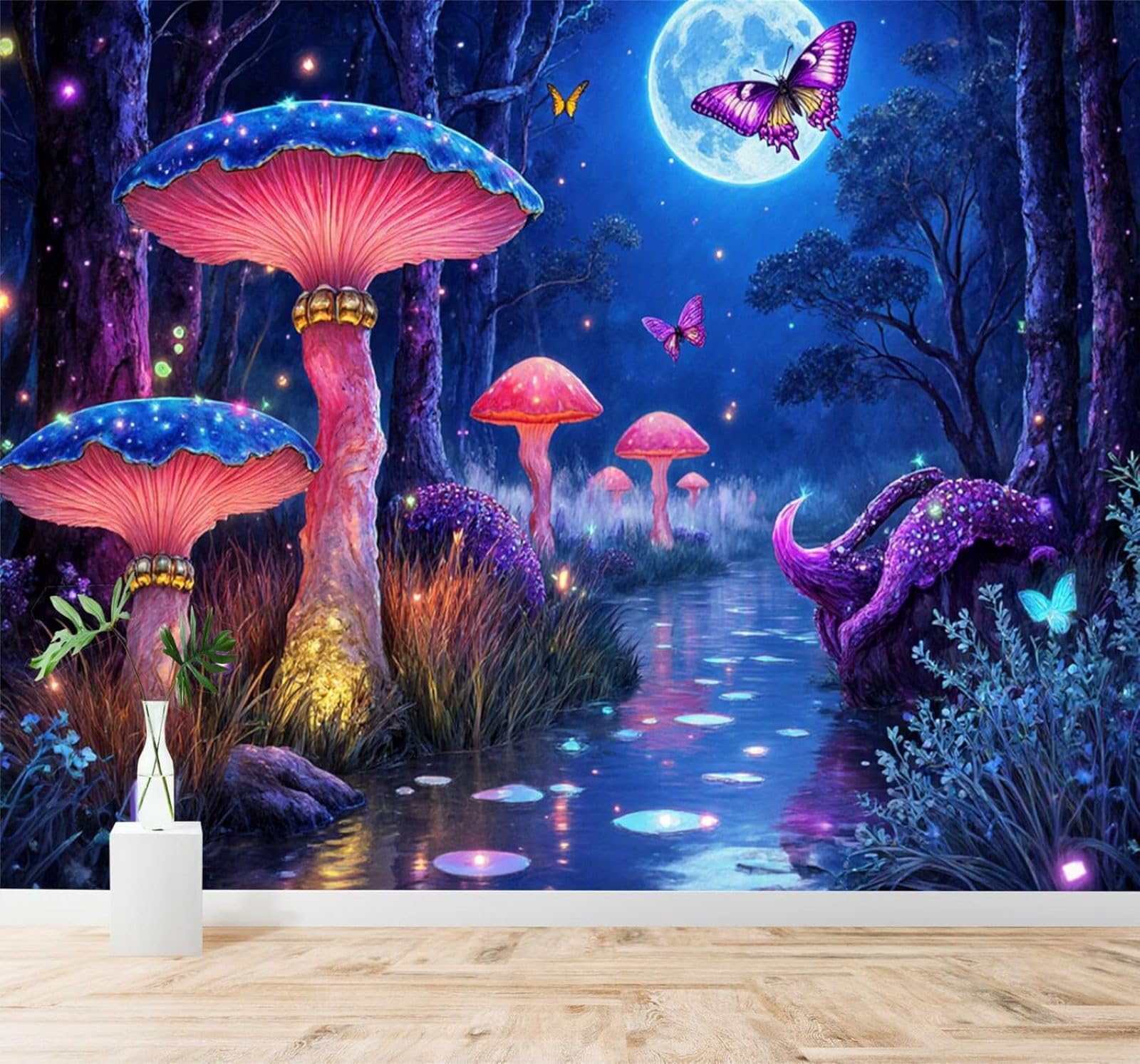 XLMING Fantasy Forest Mushrooms Butterflies River Moonlight 3D Wallpaper Premium Textured Silk Study Dining Living Room Bedroom Sofa TV Wall Easy Install-350cm×256cm