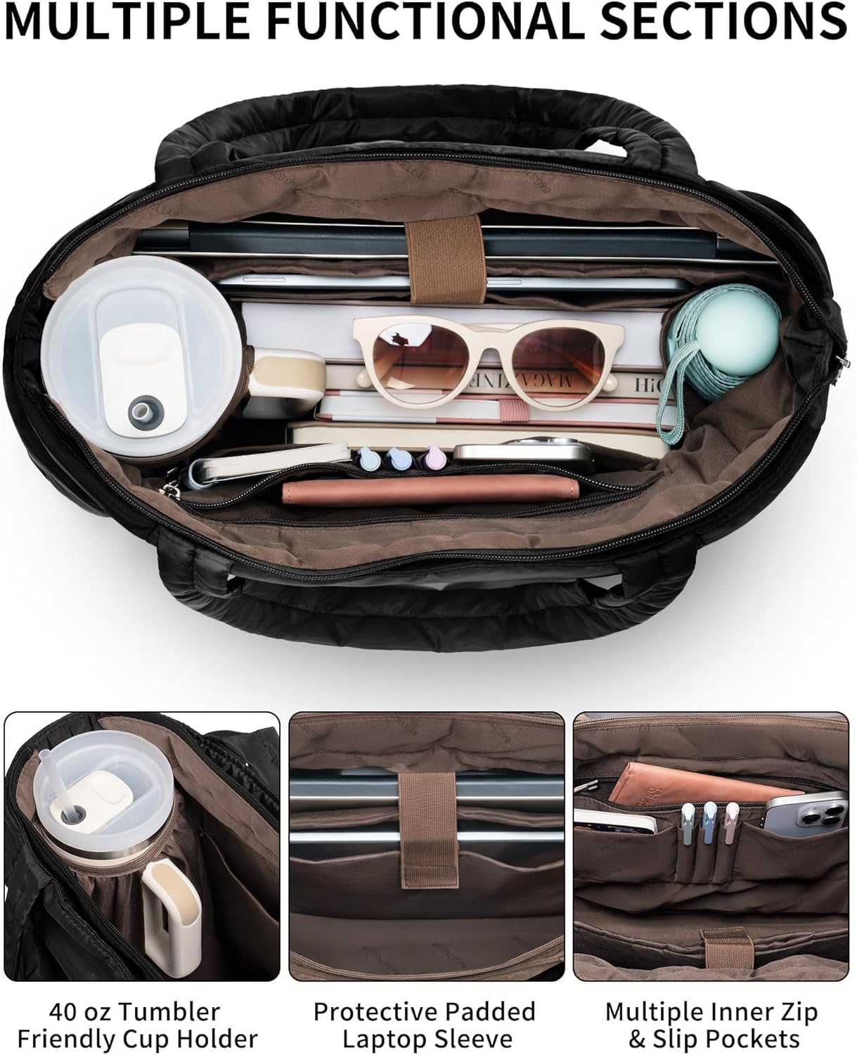 Puffer Tote Bag for Women, Lightweight Puffy Work Handbag Teacher Nurse Quilted Shoulder Bag for School Travel Gym | Cloud Bag w/ Zipper, Daily College Bags, 15.6" Computer Bag, Clinical Nursing Bag, 40 OZ Tumbler Holder, Ideal Gift for Women - Image 4