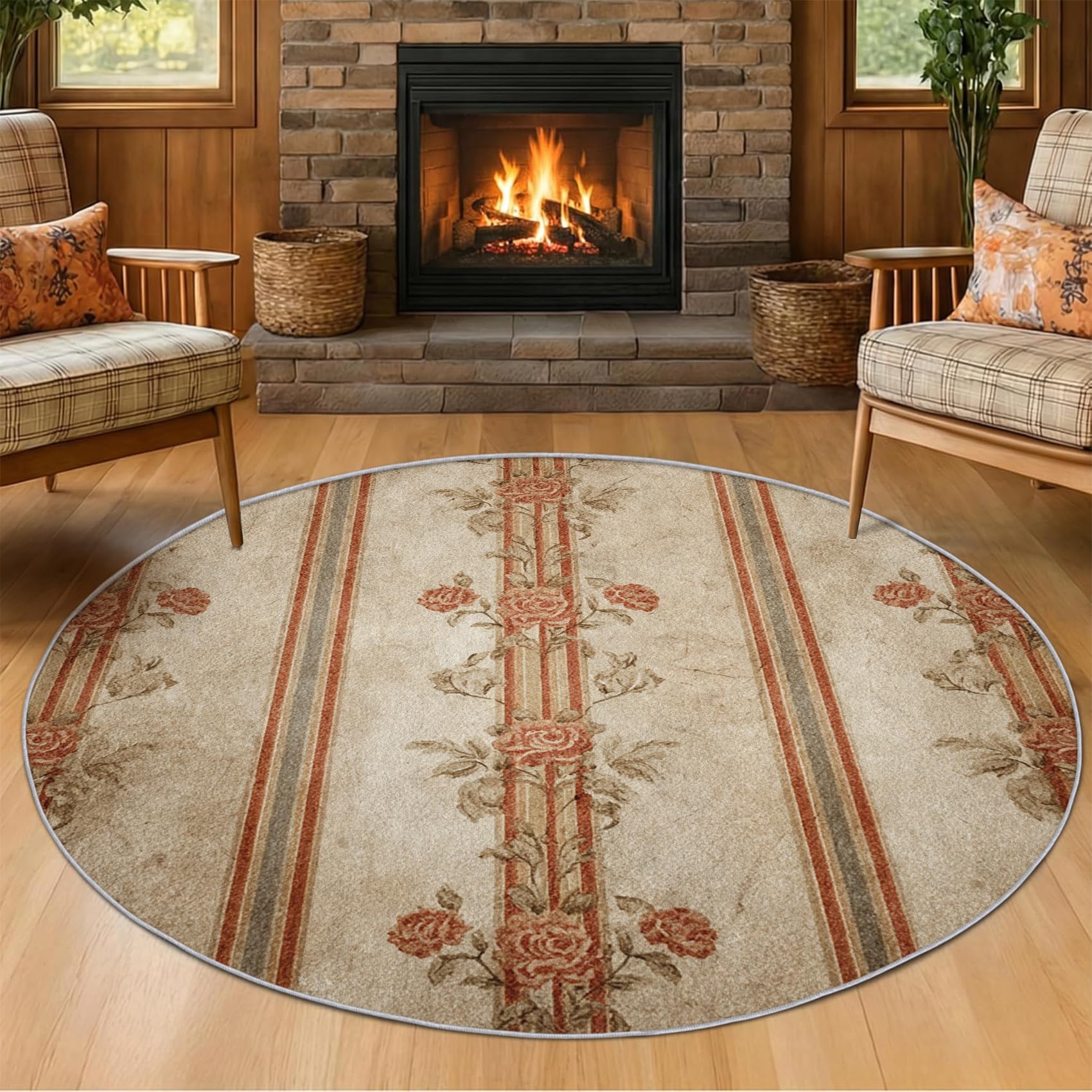 Tapis rond grand rustique lavable et antidérapant motif vintage floral 240cm
