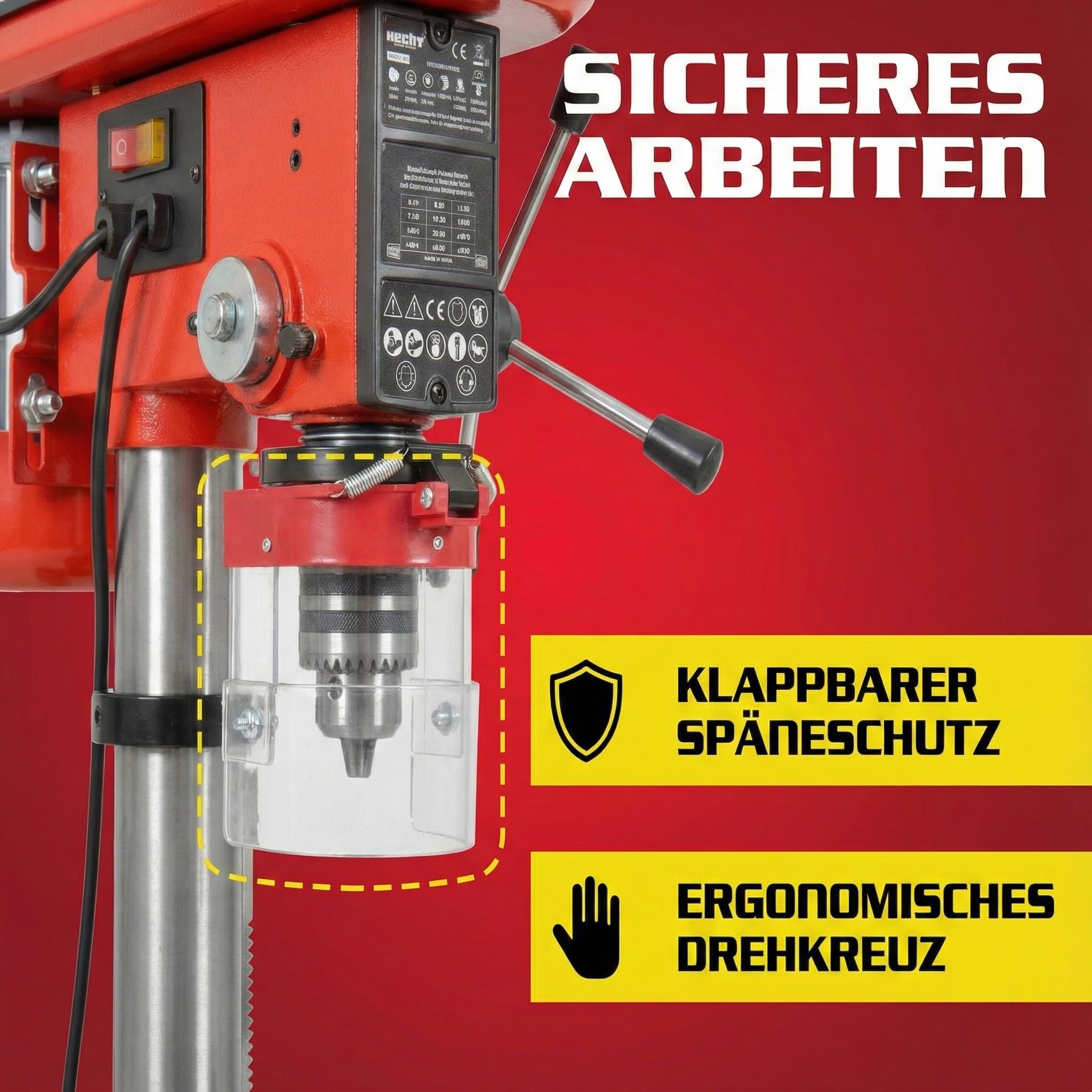 Hecht Profi Standbohrmaschine mit starken 600 Watt – 12-stufige Drehzahlregelung, schwenkbar- und höhenverstellbarer Bohr-tisch – Späneschutz - Praktische Säulenbohrmaschine, Tischbohrmaschine