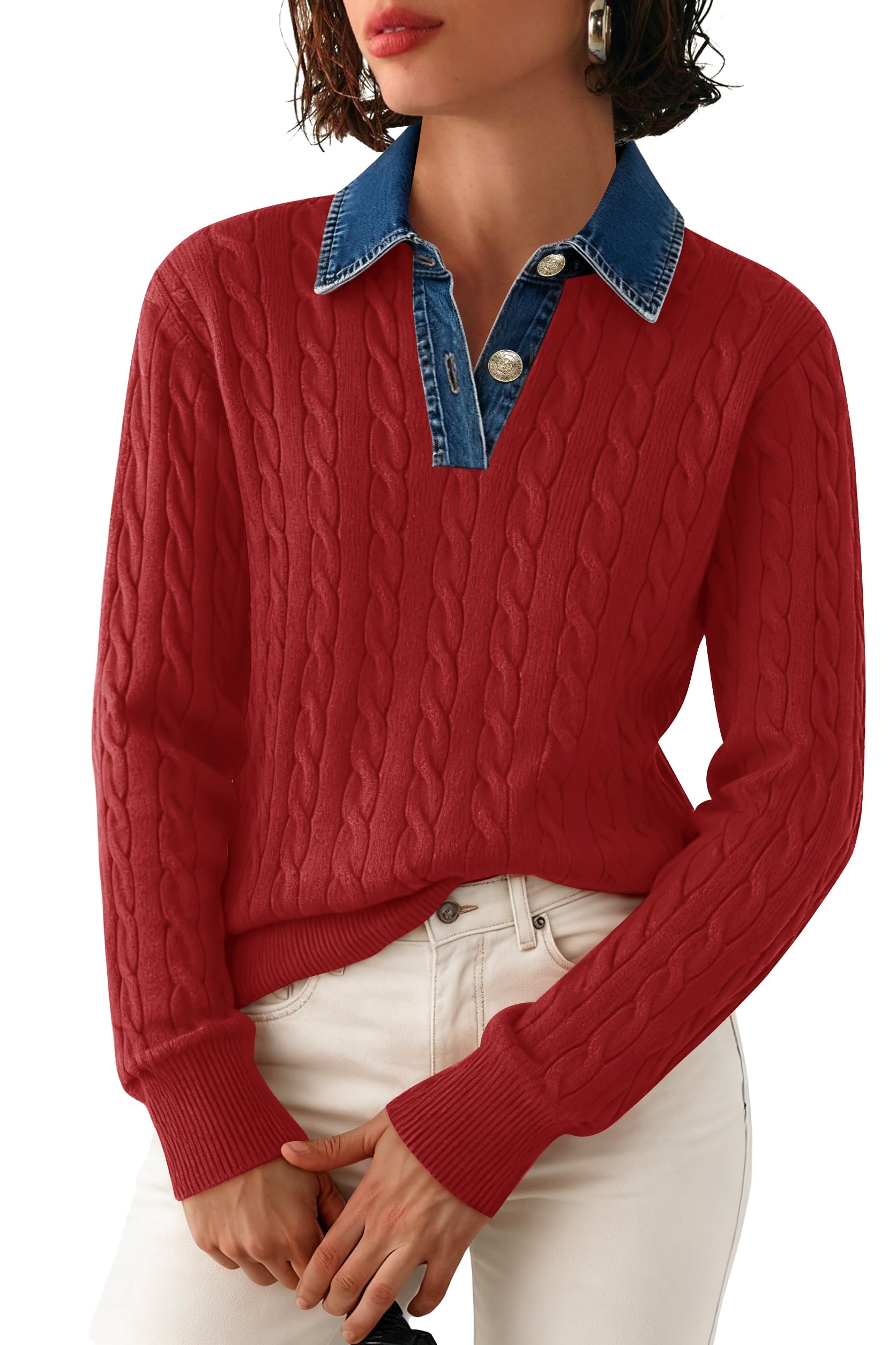 SAUKOLE Sweaters for Women Denim Lapel V Neck Buttons Closure Casual Long Sleeve Cable Knit Loose Pullover Sweater
