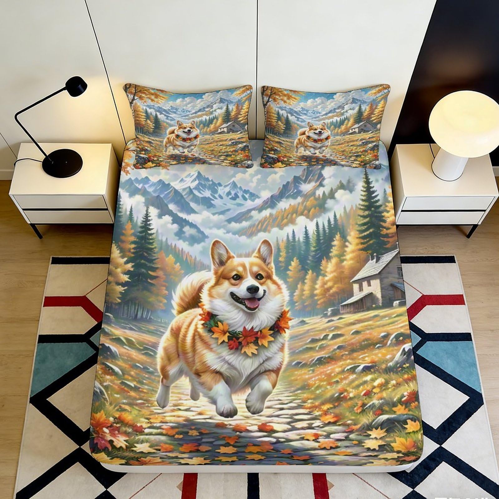 Pnayamiorkfel Style-7 3D Printed Autumn Corgi Mountain Fitted Sheet Microfiber Soft Non-Slip Mattress Cover For Bedroom Guest Room Decor 90X200x25cm