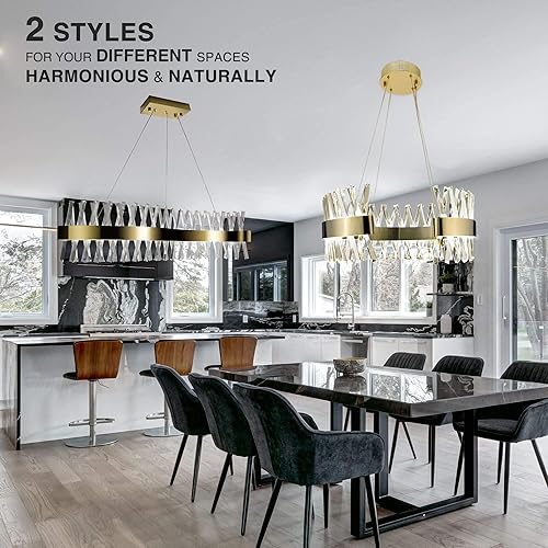 Miniatura 2 de IKK Candelabros dorados para comedores, lámpara de cristal dorado pulido de 24 pulgadas, moderna lámpara redonda con lámpara de acero inoxidable