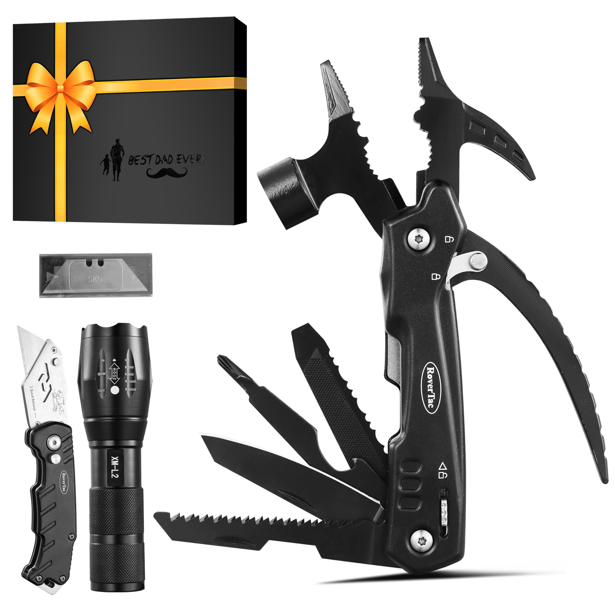 RoverTac Dad Tool Gift Set, 12-in-1 Multitool Hammer, Flashlight & Utility Knife in a Gift Box with 