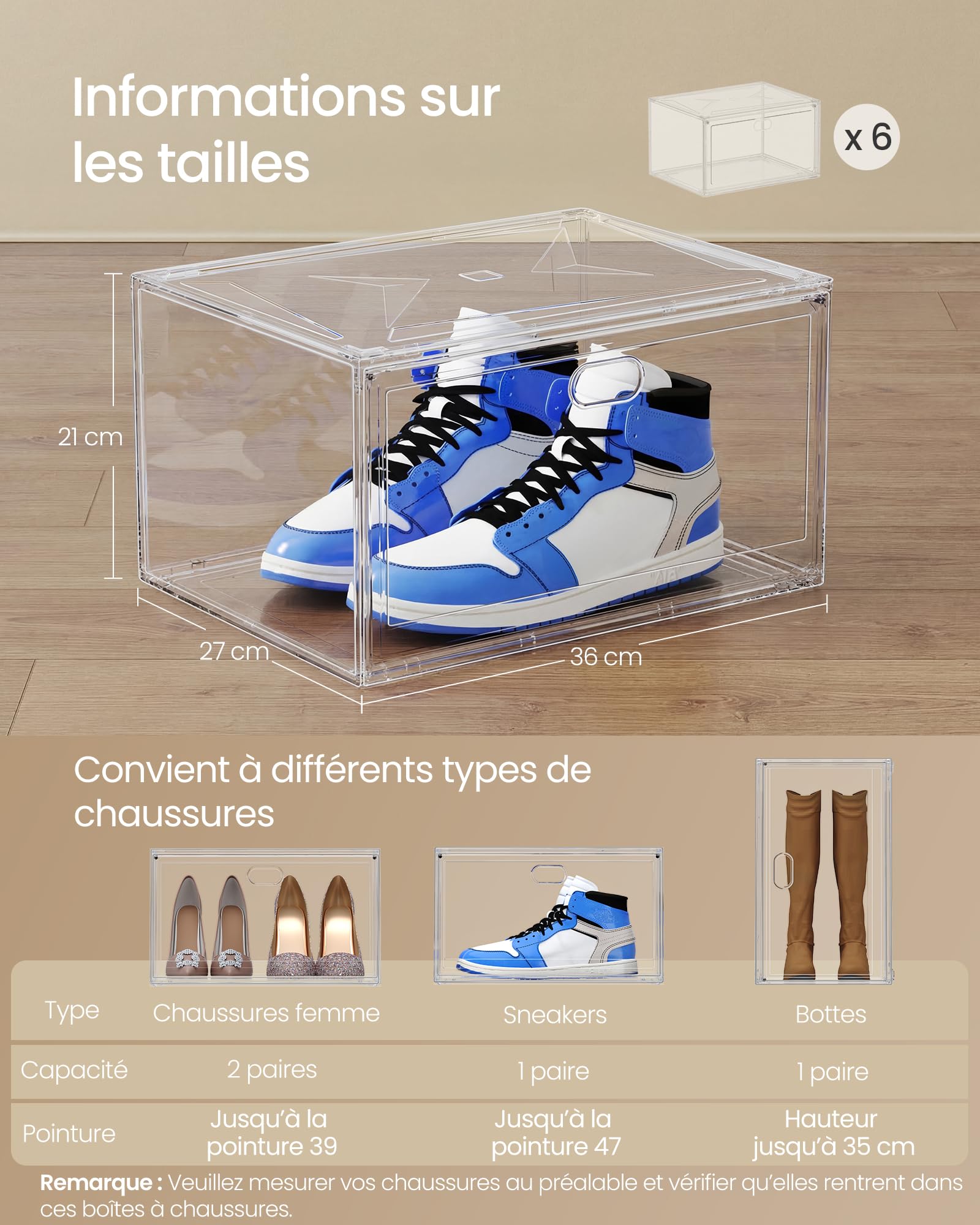 SONGMICS LSP703WH02 Lot de 3 boîtes à chaussures empilables transparentes, organiseurs pour chaussures, jusqu'à la taille 47, porte magnétique, en plastique, lot de 3