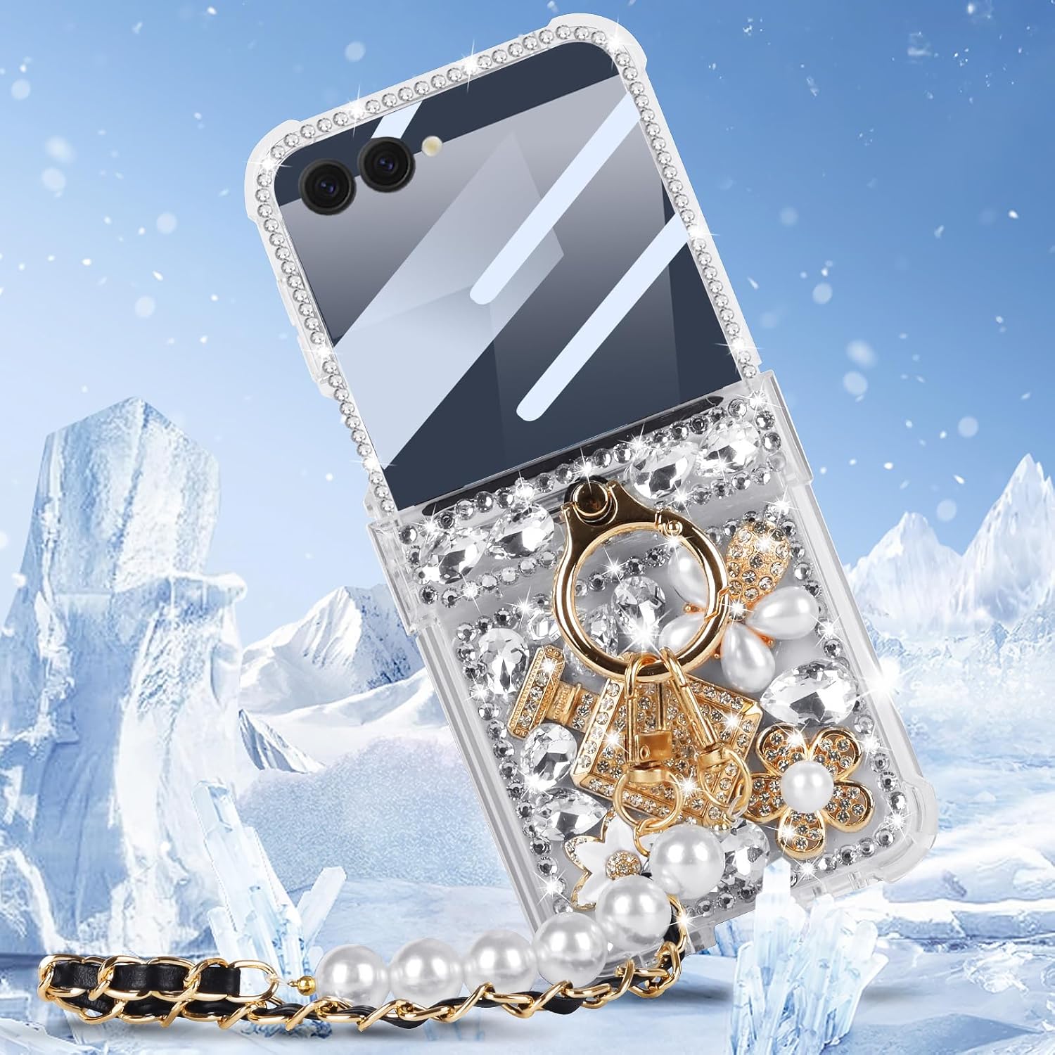 DEMCERT for Samsung Galaxy Z Flip 7 Case 3D Cute Handmade Sparkle Stunning Stones Crystal Diamond Bling Glitter Cover with Strap Hinge Protection & Screen Protector Case